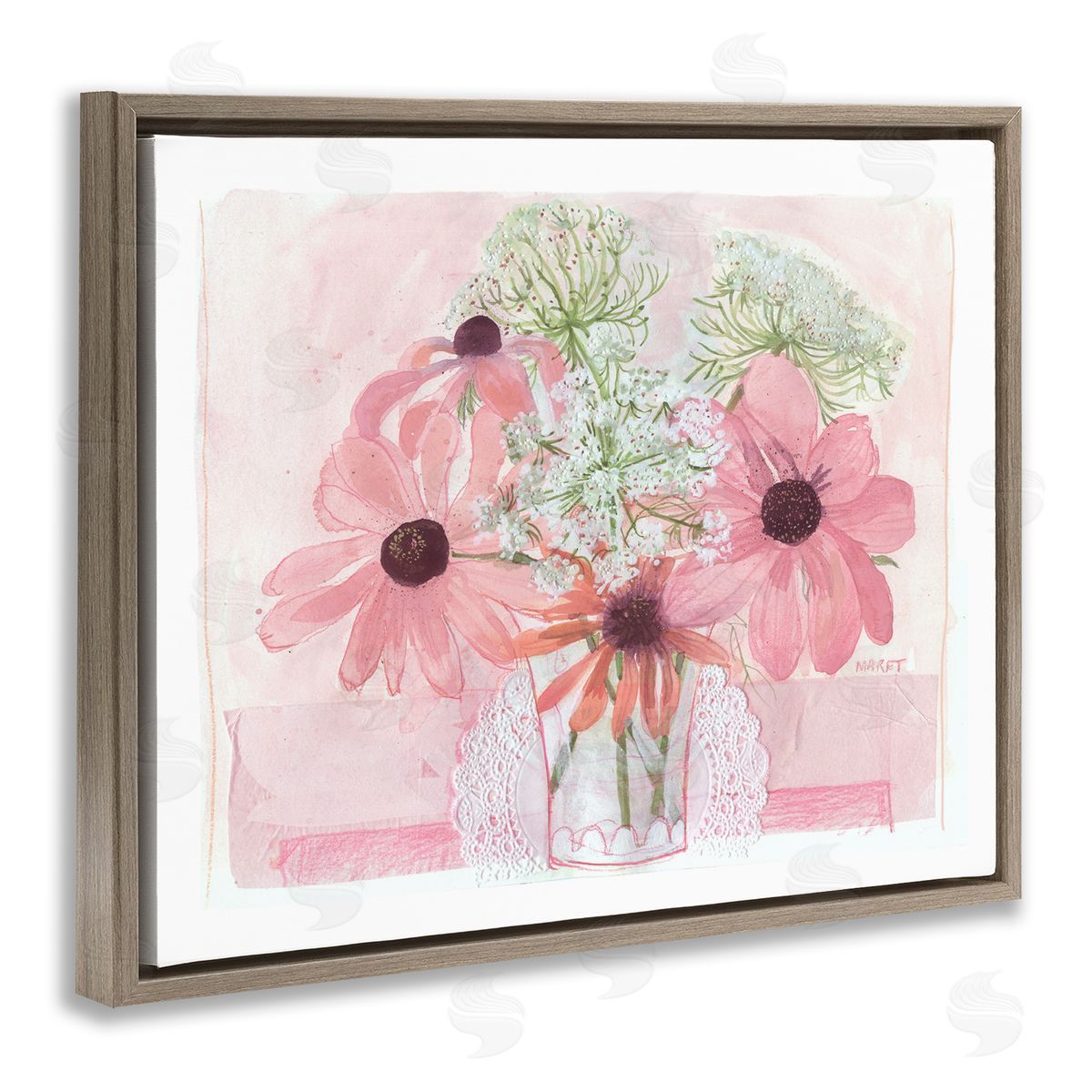 Maret Hensick Delicate Pink Flower Blossoms Bouquet Doily Vase Brown Floating Frame Canvas Wall Art Print
