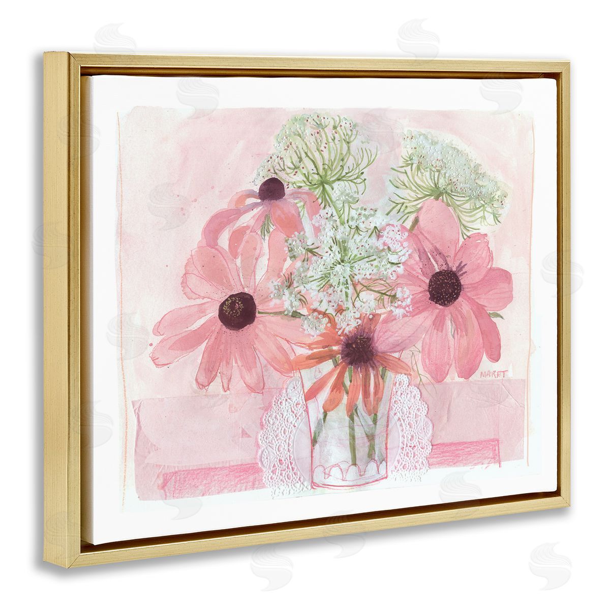 Maret Hensick Delicate Pink Flower Blossoms Bouquet Doily Vase Gold Floating Frame Canvas Wall Art Print