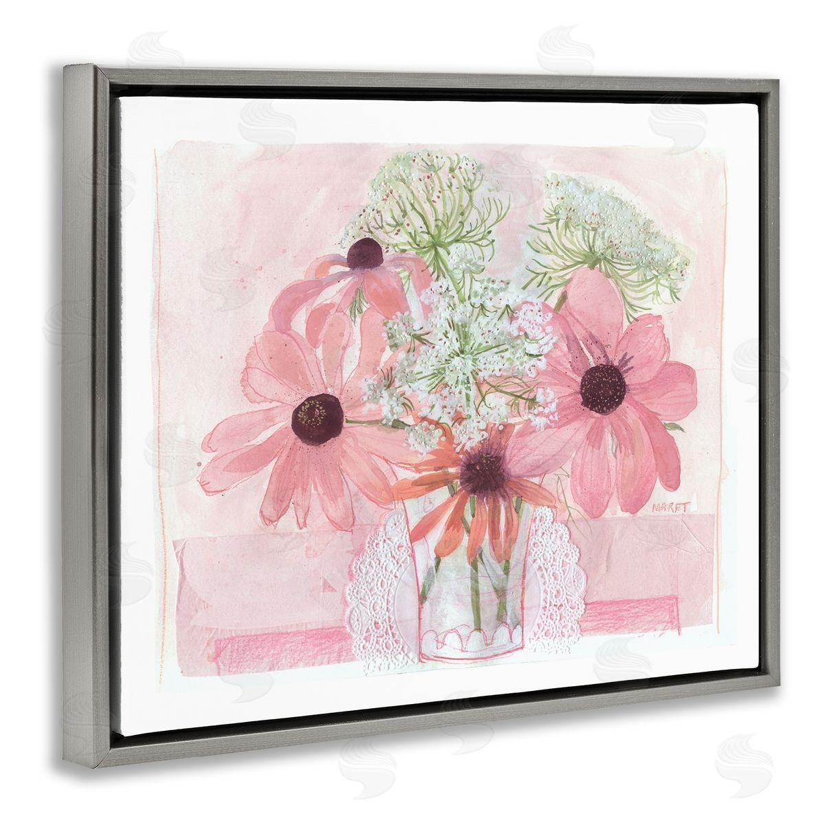 Maret Hensick Delicate Pink Flower Blossoms Bouquet Doily Vase Gray Floating Frame Canvas Wall Art Print