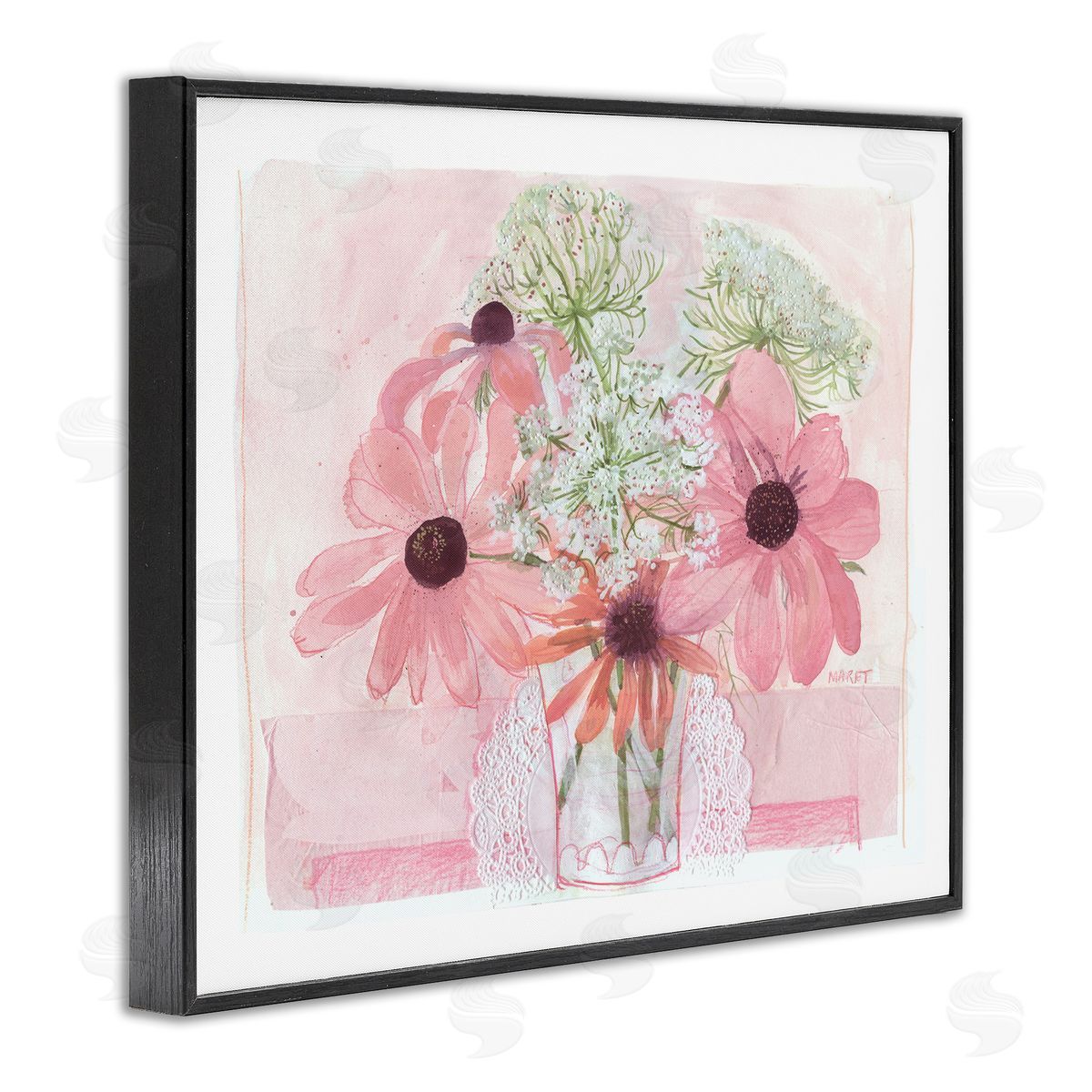 Maret Hensick Delicate Pink Flower Blossoms Bouquet Doily Vase Black Framed Giclee Wall Art Print