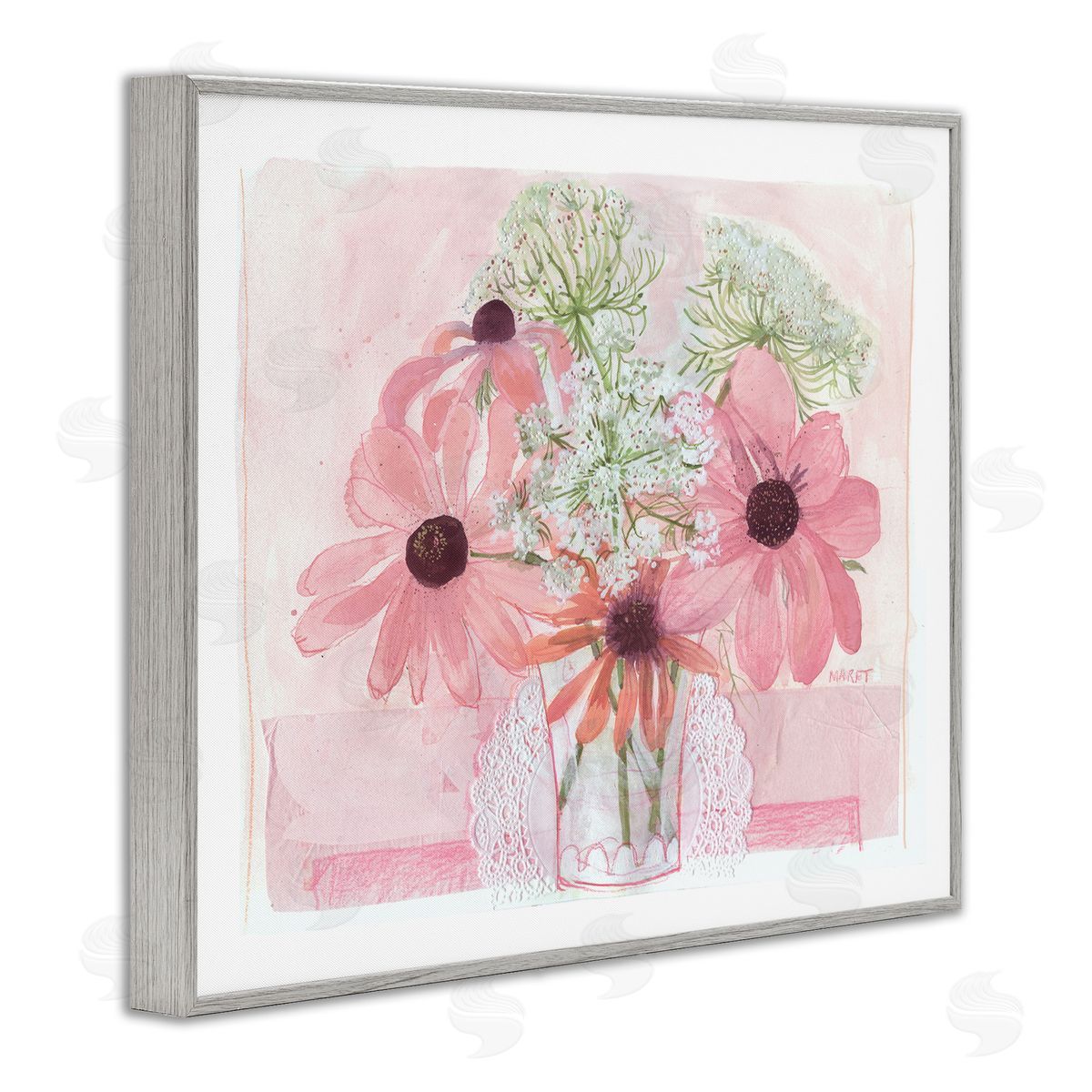 Maret Hensick Delicate Pink Flower Blossoms Bouquet Doily Vase Gray Framed Giclee Wall Art Print