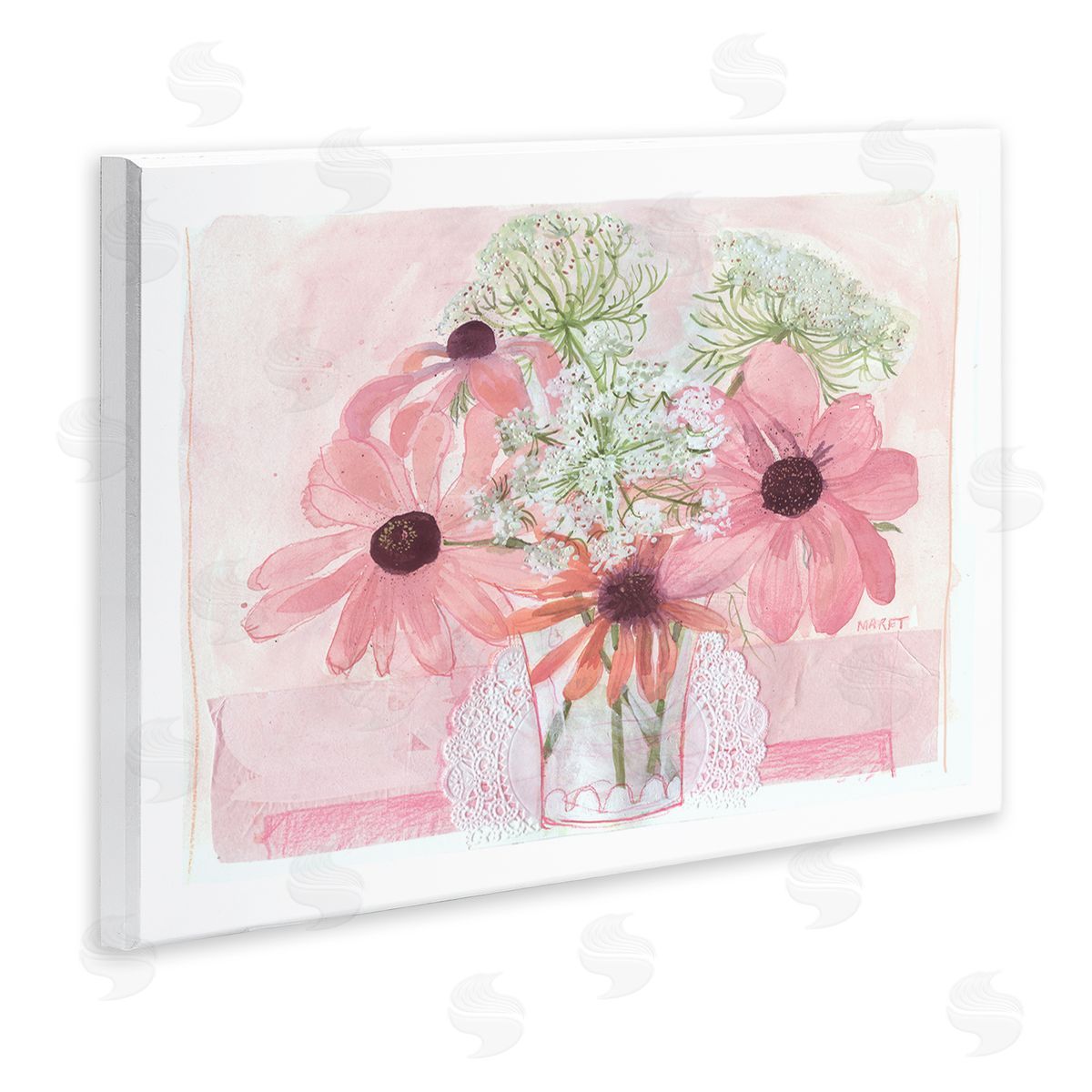 Maret Hensick Delicate Pink Flower Blossoms Bouquet Doily Vase Wall Plaque Art Print