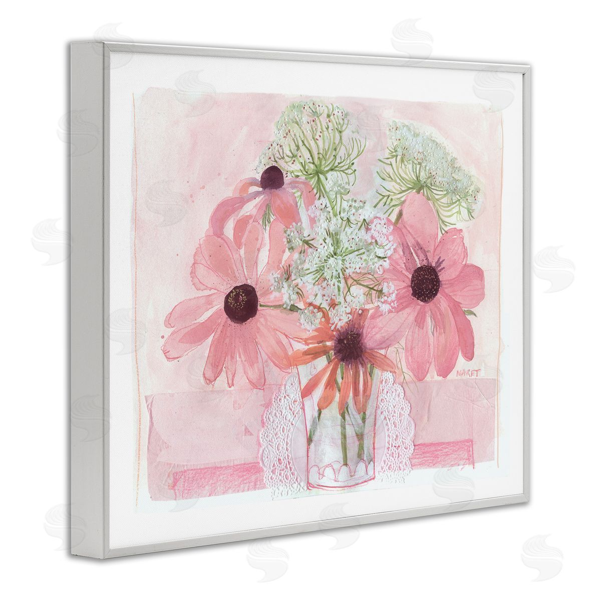 Maret Hensick Delicate Pink Flower Blossoms Bouquet Doily Vase White Framed Giclee Wall Art Print