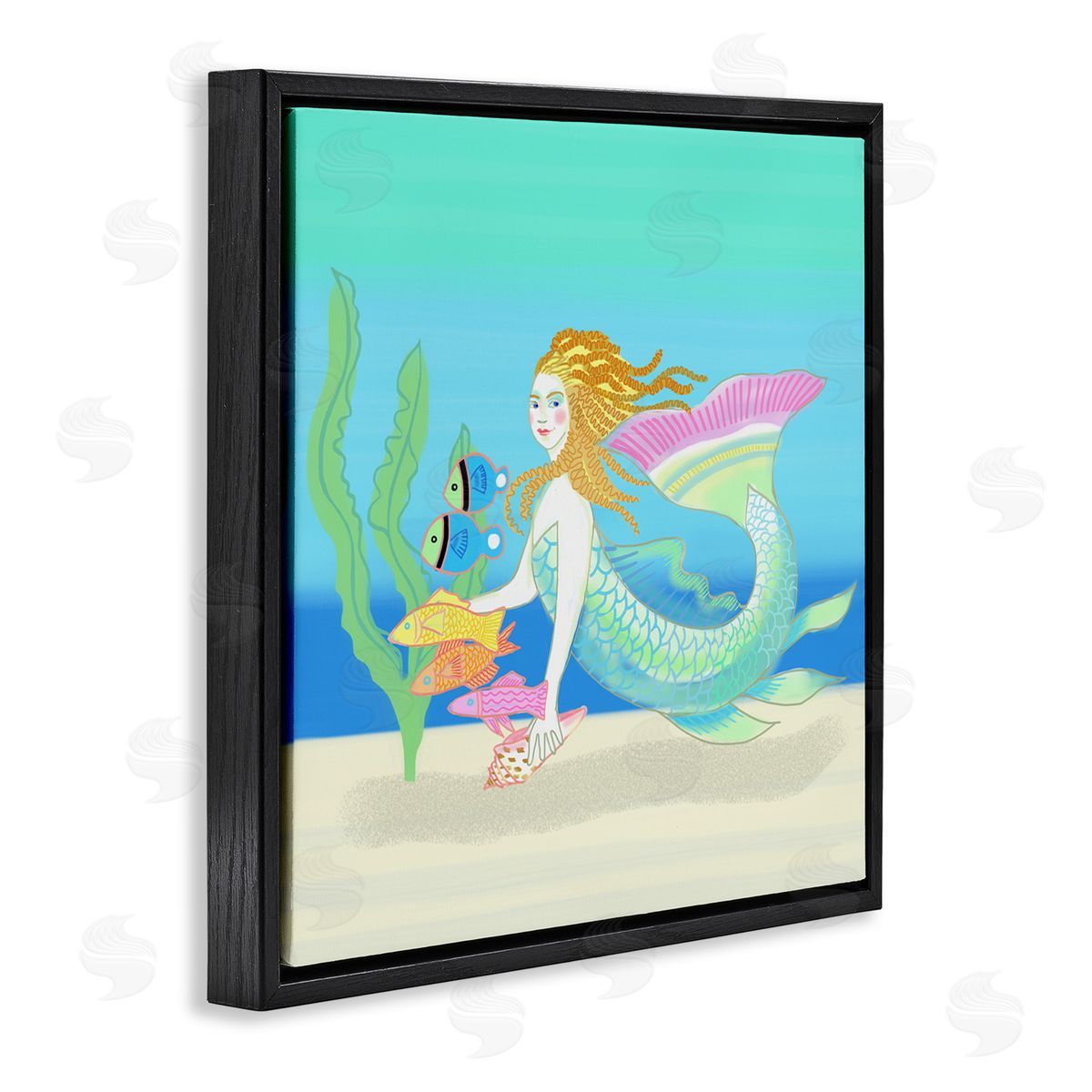 Maret Hensick Underwater Mermaid & Fish Swimming Ocean Seaweed Black Floating Frame Canvas Wall Art Print