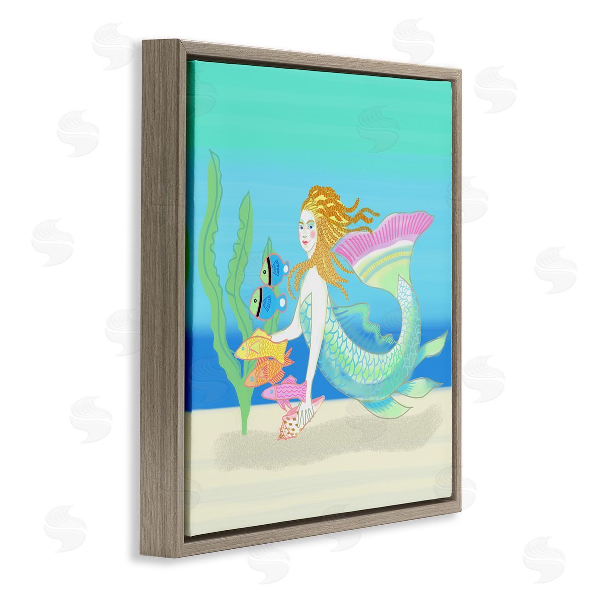 Maret Hensick Underwater Mermaid & Fish Swimming Ocean Seaweed Brown Floating Frame Canvas Wall Art Print