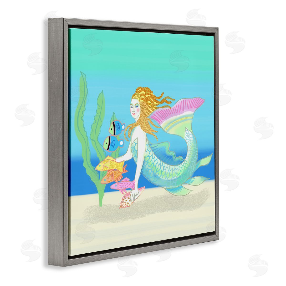 Maret Hensick Underwater Mermaid & Fish Swimming Ocean Seaweed Gray Floating Frame Canvas Wall Art Print