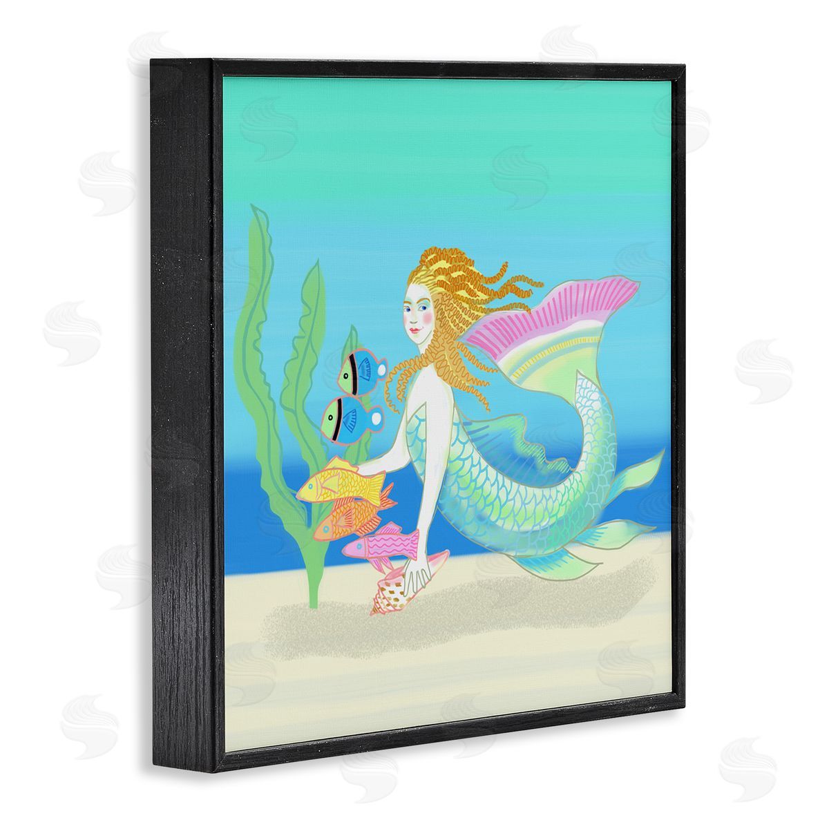 Maret Hensick Underwater Mermaid & Fish Swimming Ocean Seaweed Black Framed Glicee Wall Art Print