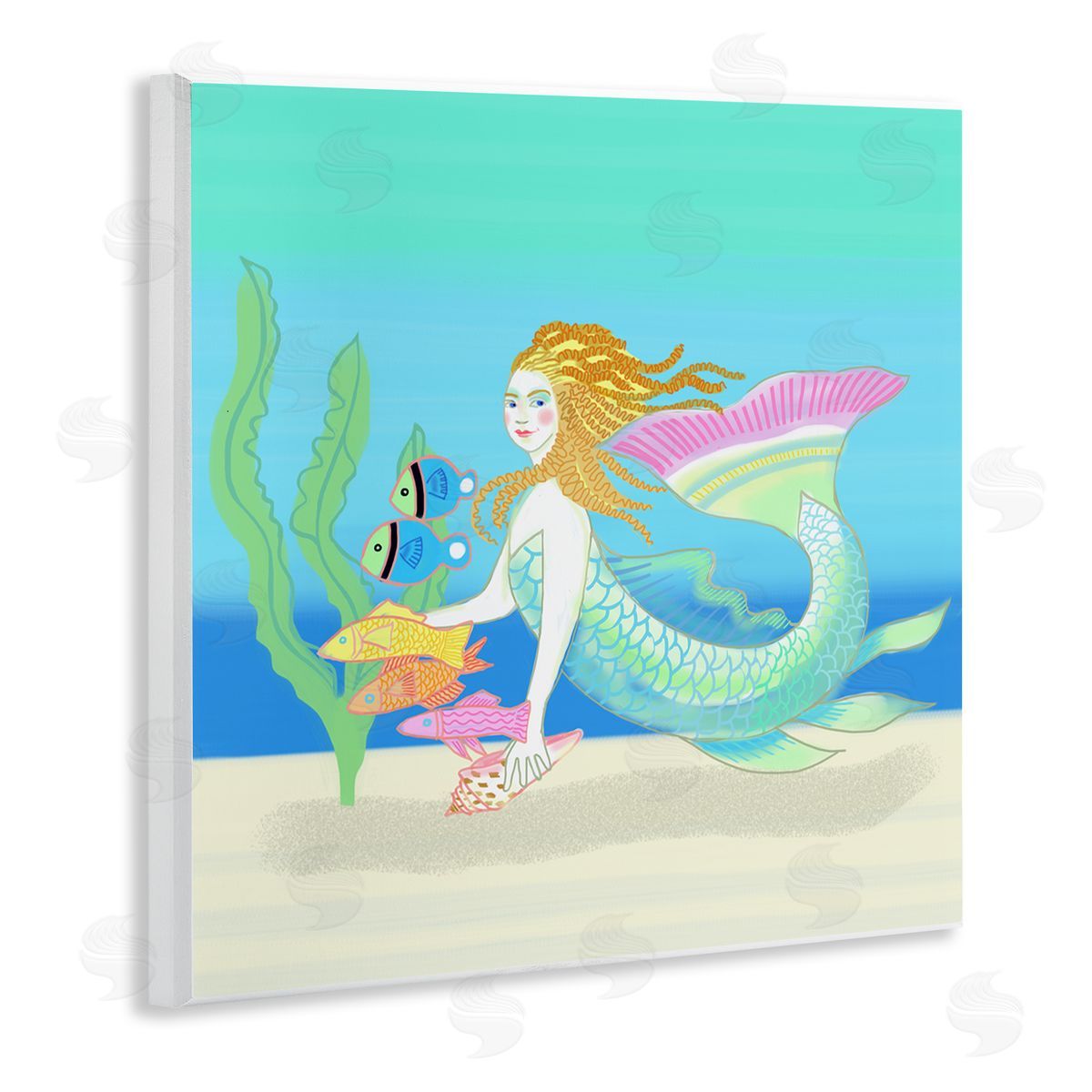 Maret Hensick Underwater Mermaid & Fish Swimming Ocean Seaweed Wooden Wall Plaque Art Print