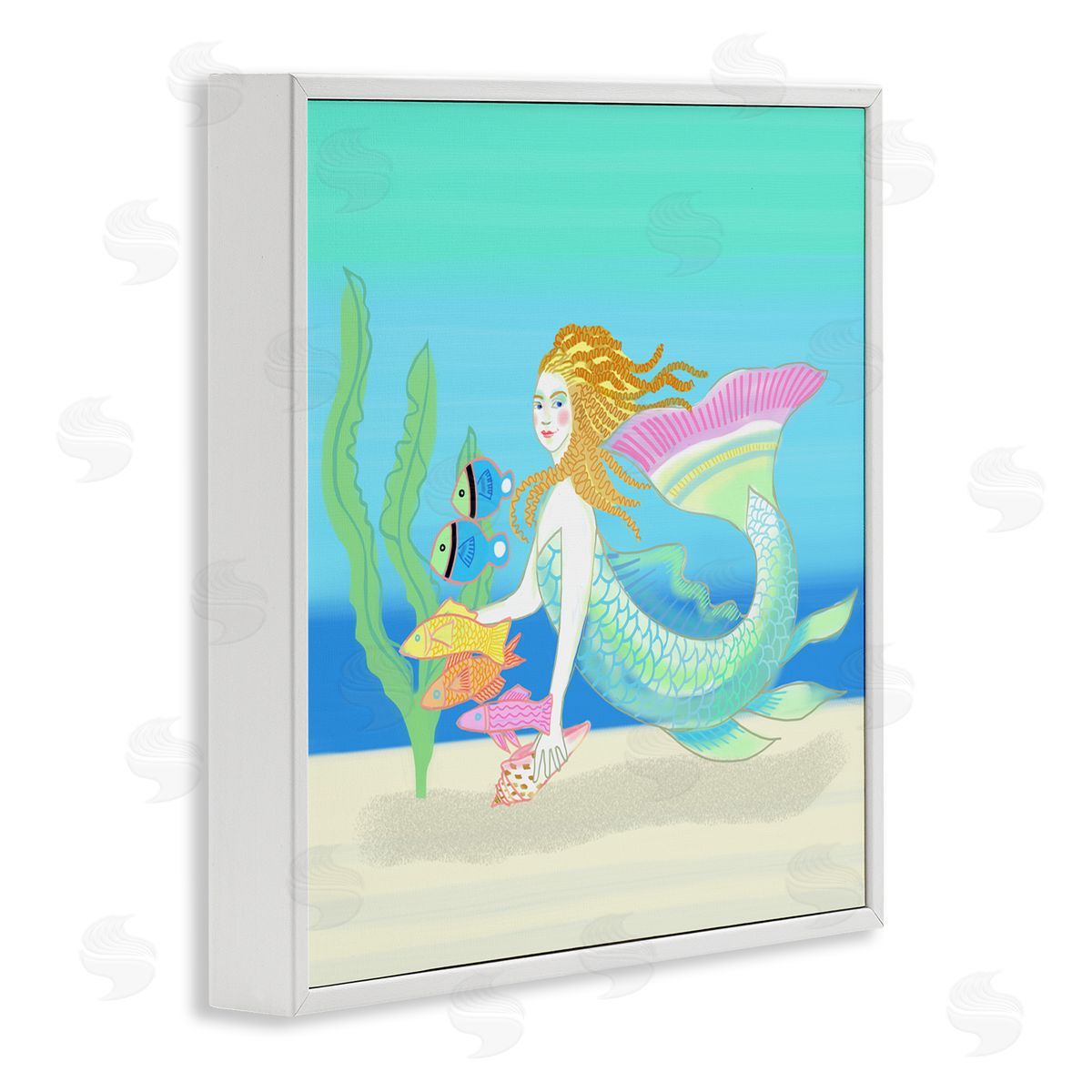 Maret Hensick Underwater Mermaid & Fish Swimming Ocean Seaweed White Framed Glicee Wall Art Print