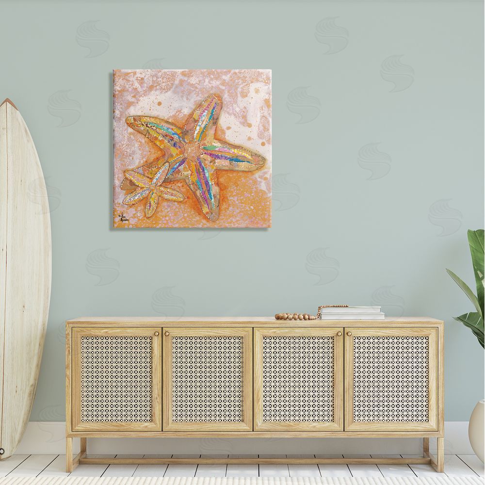 Lisa Morales Patterned Starfish Ocean Foam Layered Ephemera Collage Canvas Wall Art in Room