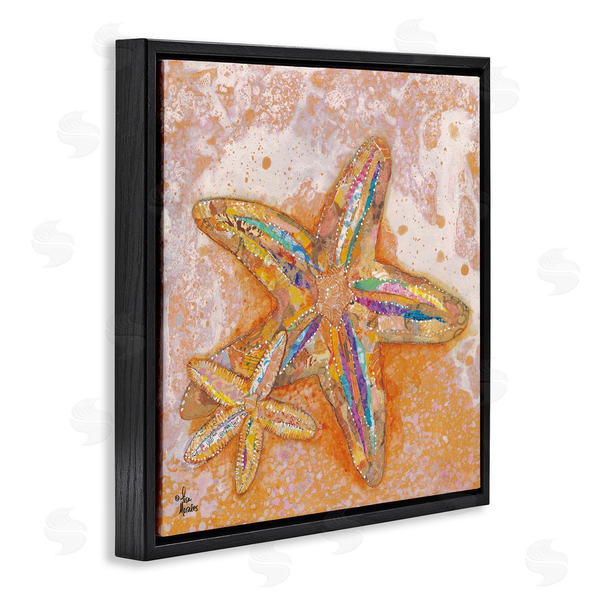 Lisa Morales Patterned Starfish Ocean Foam Layered Ephemera Collage Black Floating Frame Canvas Wall Art Print
