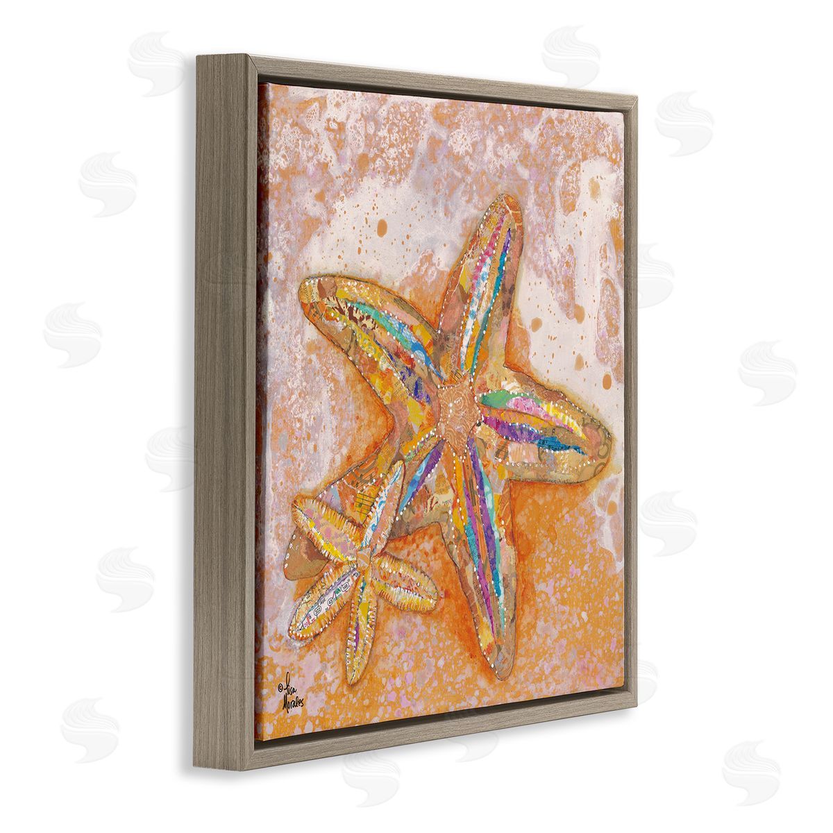 Lisa Morales Patterned Starfish Ocean Foam Layered Ephemera Collage Brown Floating Frame Canvas Wall Art Print