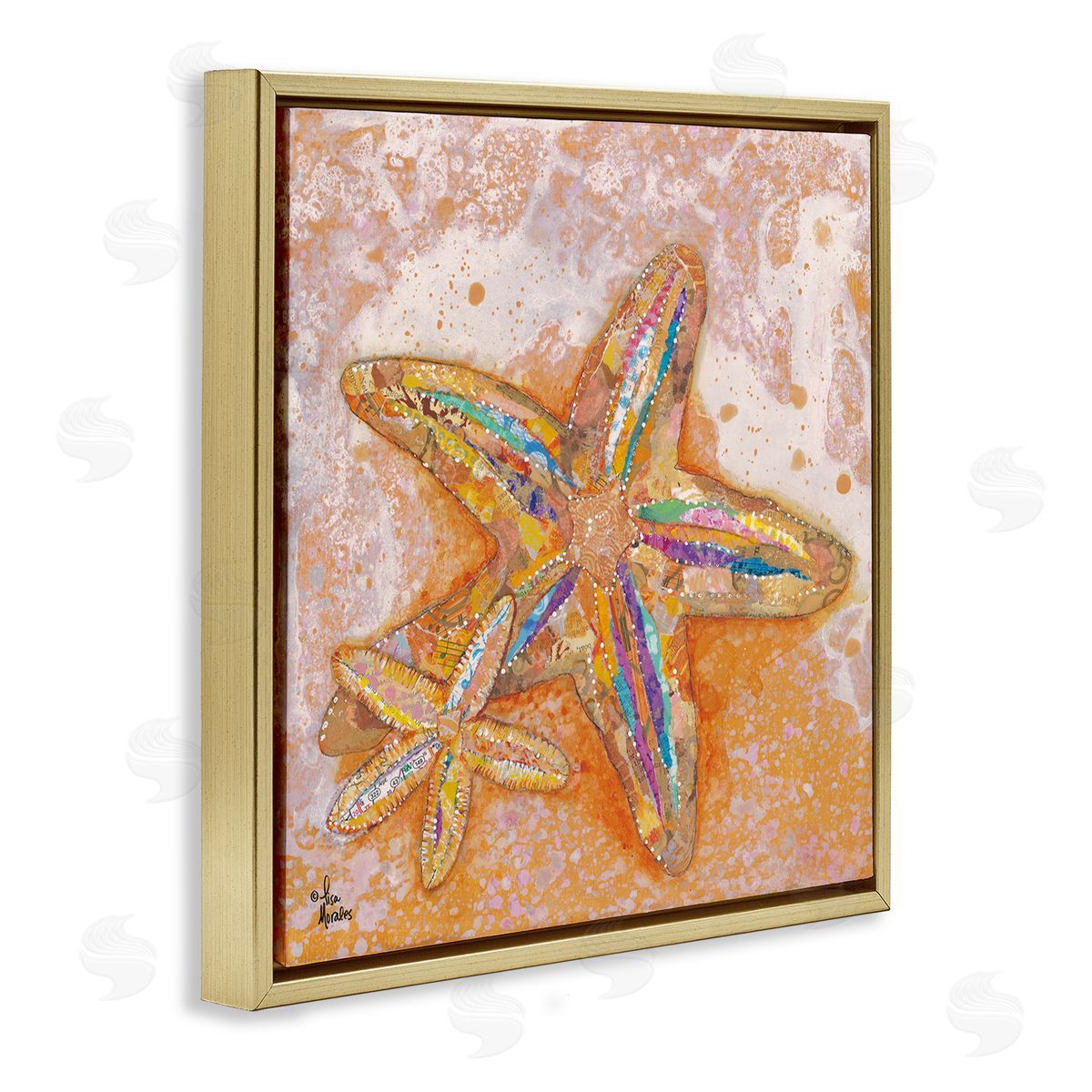 Lisa Morales Patterned Starfish Ocean Foam Layered Ephemera Collage Gold Floating Frame Canvas Wall Art Print