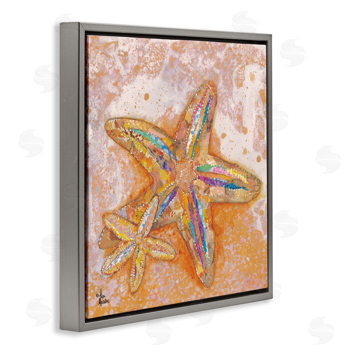 Lisa Morales Patterned Starfish Ocean Foam Layered Ephemera Collage Gray Floating Frame Canvas Wall Art Print