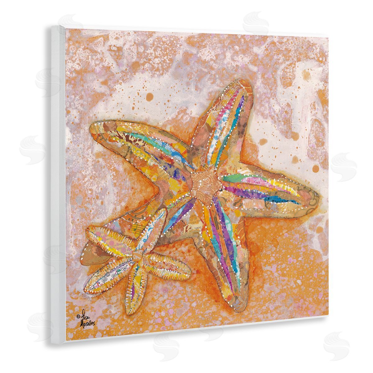 Lisa Morales Patterned Starfish Ocean Foam Layered Ephemera Collage Wooden Wall Plaque Art Print