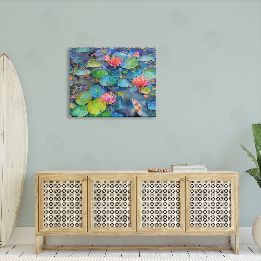 Marietta Cohen Art and Vivid Pond Lily Lotus Blossom Koi Fish Pond Canvas Wall Art Print in Room