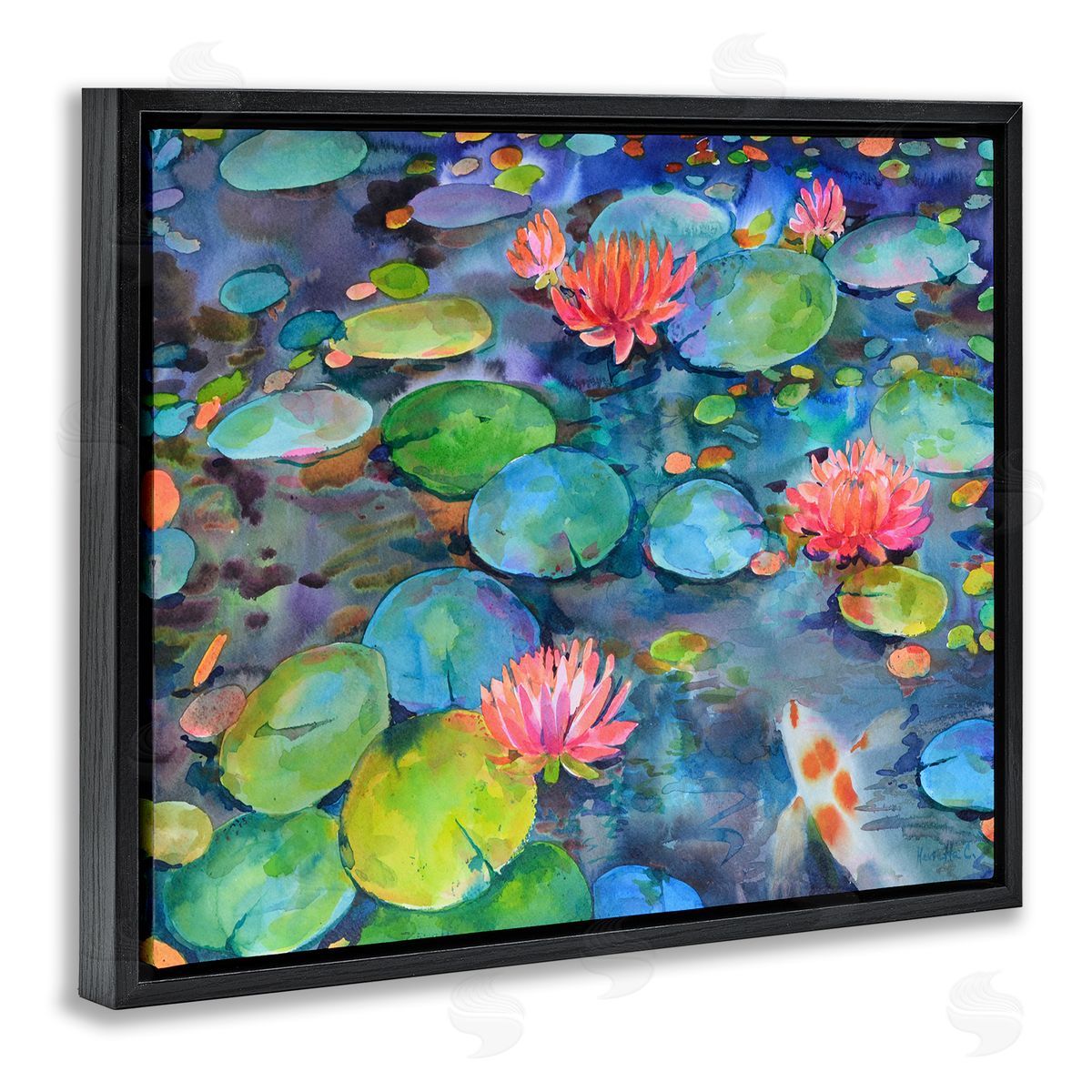 Marietta Cohen Art and Vivid Pond Lily Lotus Blossom Koi Fish Pond Black Floating Frame Canvas Wall Art Print