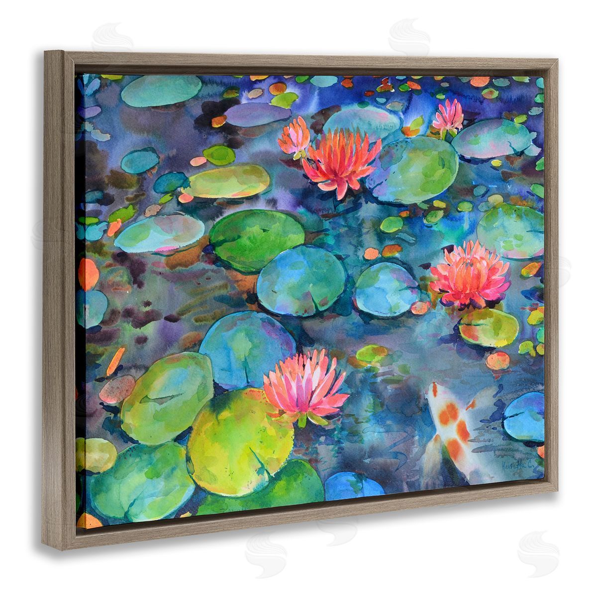 Marietta Cohen Art and Vivid Pond Lily Lotus Blossom Koi Fish Pond Brown Floating Frame Canvas Wall Art Print