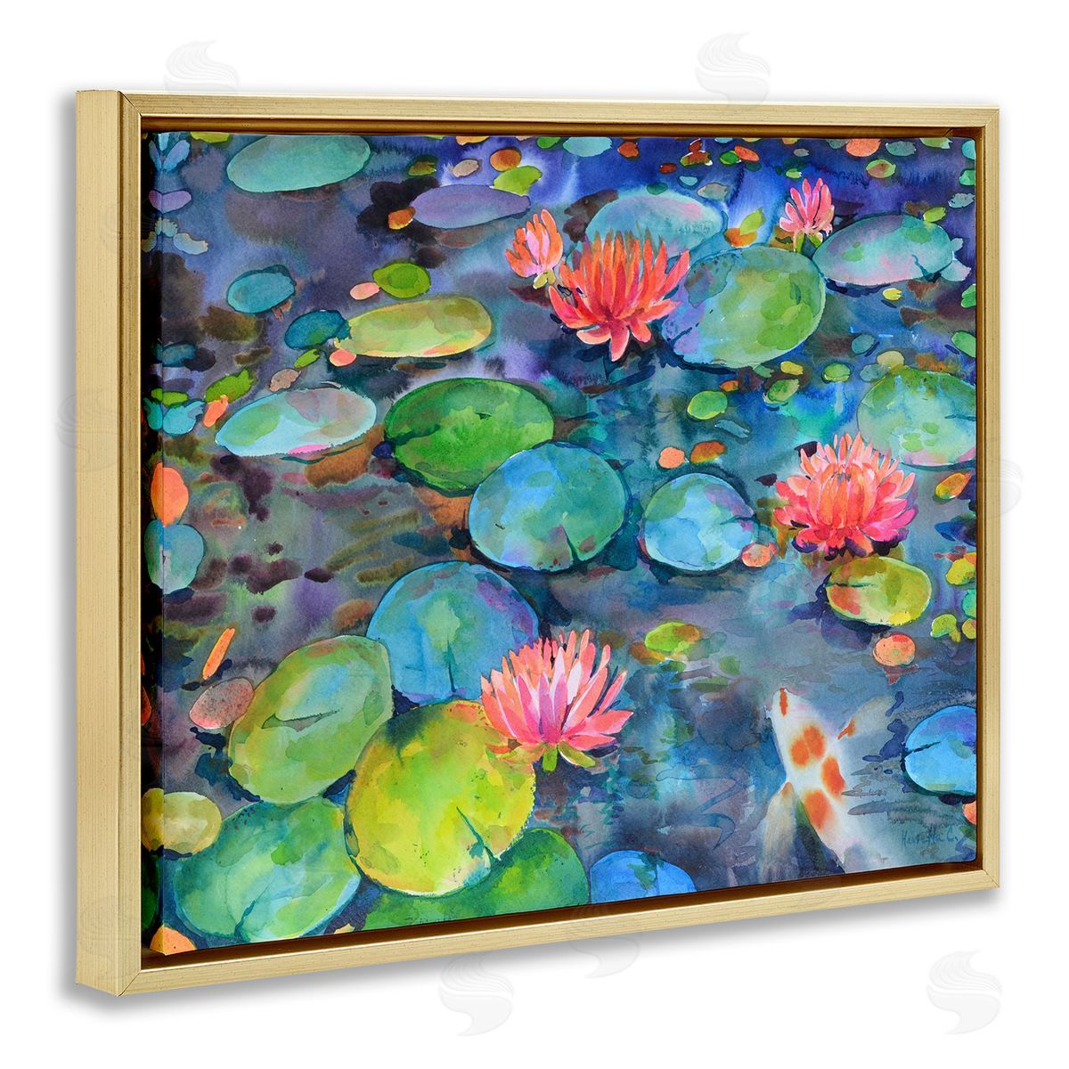 Marietta Cohen Art and Vivid Pond Lily Lotus Blossom Koi Fish Pond Gold Floating Frame Canvas Wall Art Print