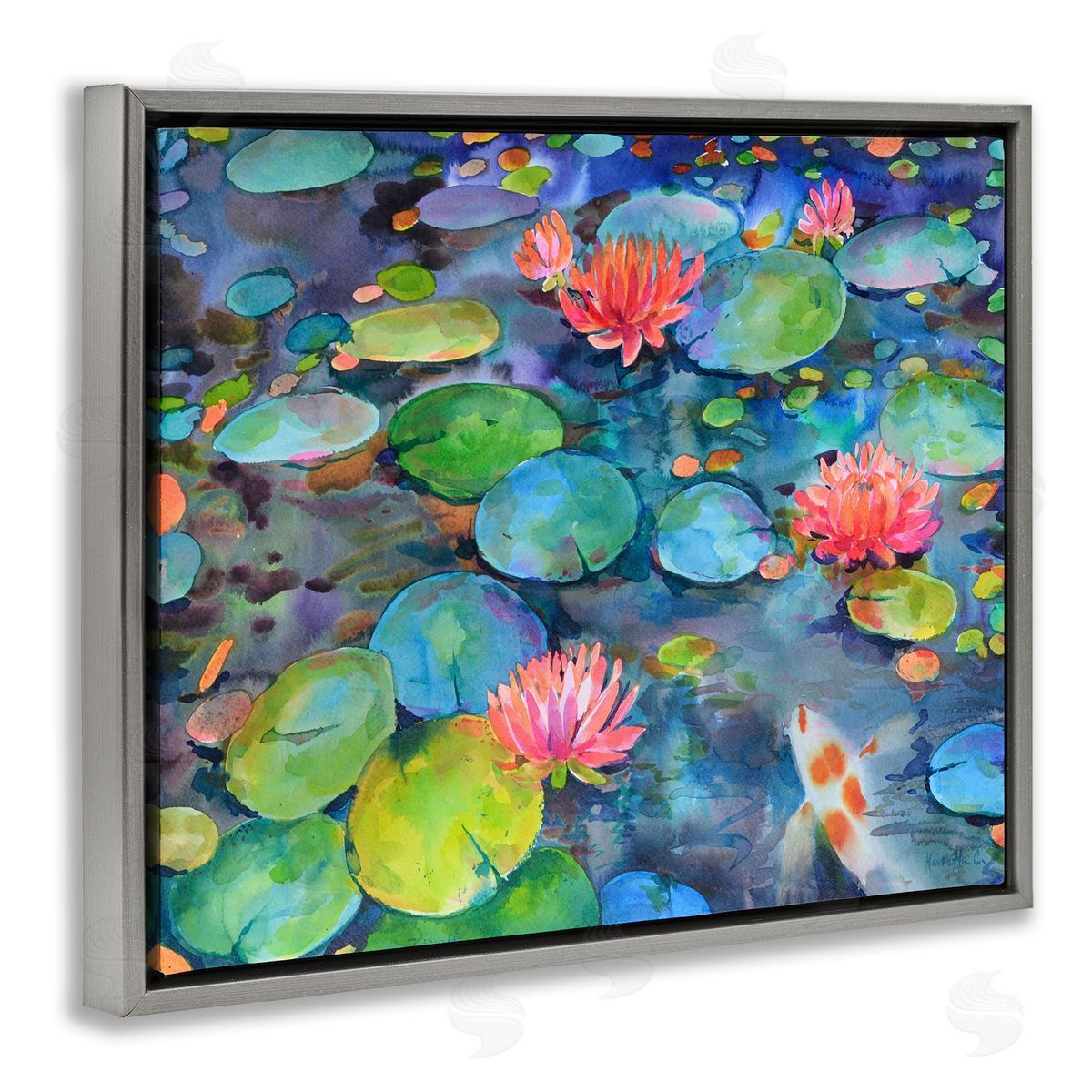 Marietta Cohen Art and Vivid Pond Lily Lotus Blossom Koi Fish Pond Gray Floating Frame Canvas Wall Art Print