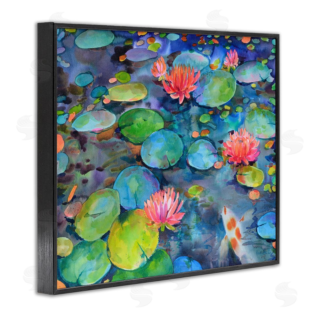Marietta Cohen Art and Vivid Pond Lily Lotus Blossom Koi Fish Pond Black Framed Giclee Wall Art Print