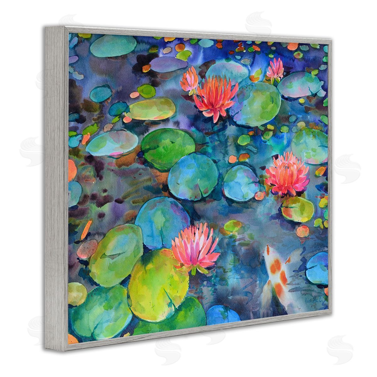 Marietta Cohen Art and Vivid Pond Lily Lotus Blossom Koi Fish Pond Gray Framed Giclee Wall Art Print