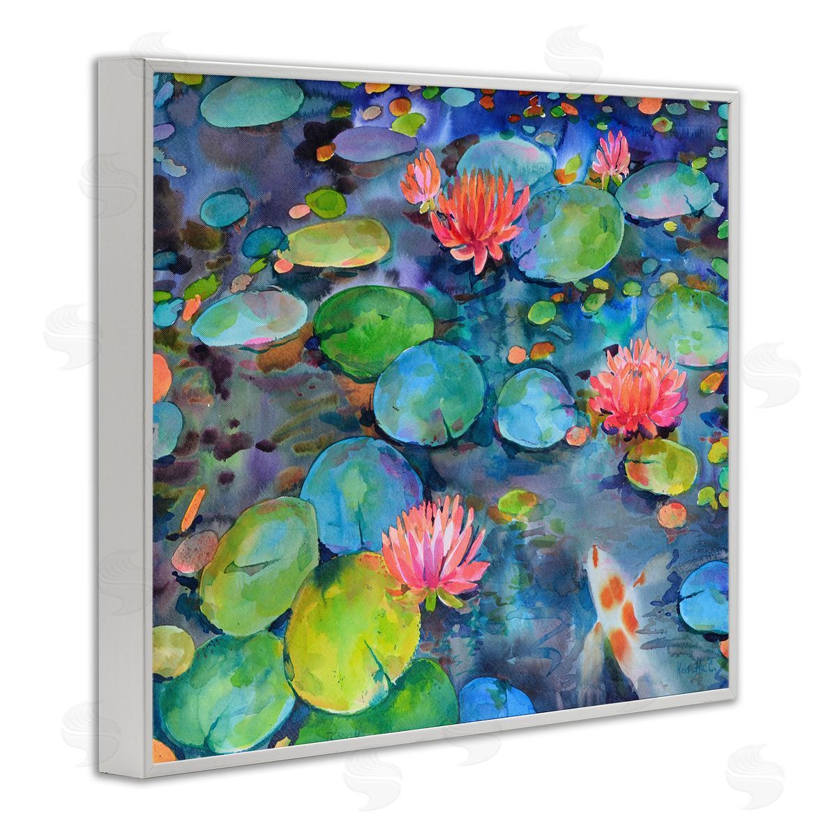 Marietta Cohen Art and Vivid Pond Lily Lotus Blossom Koi Fish Pond White Framed Giclee Wall Art Print