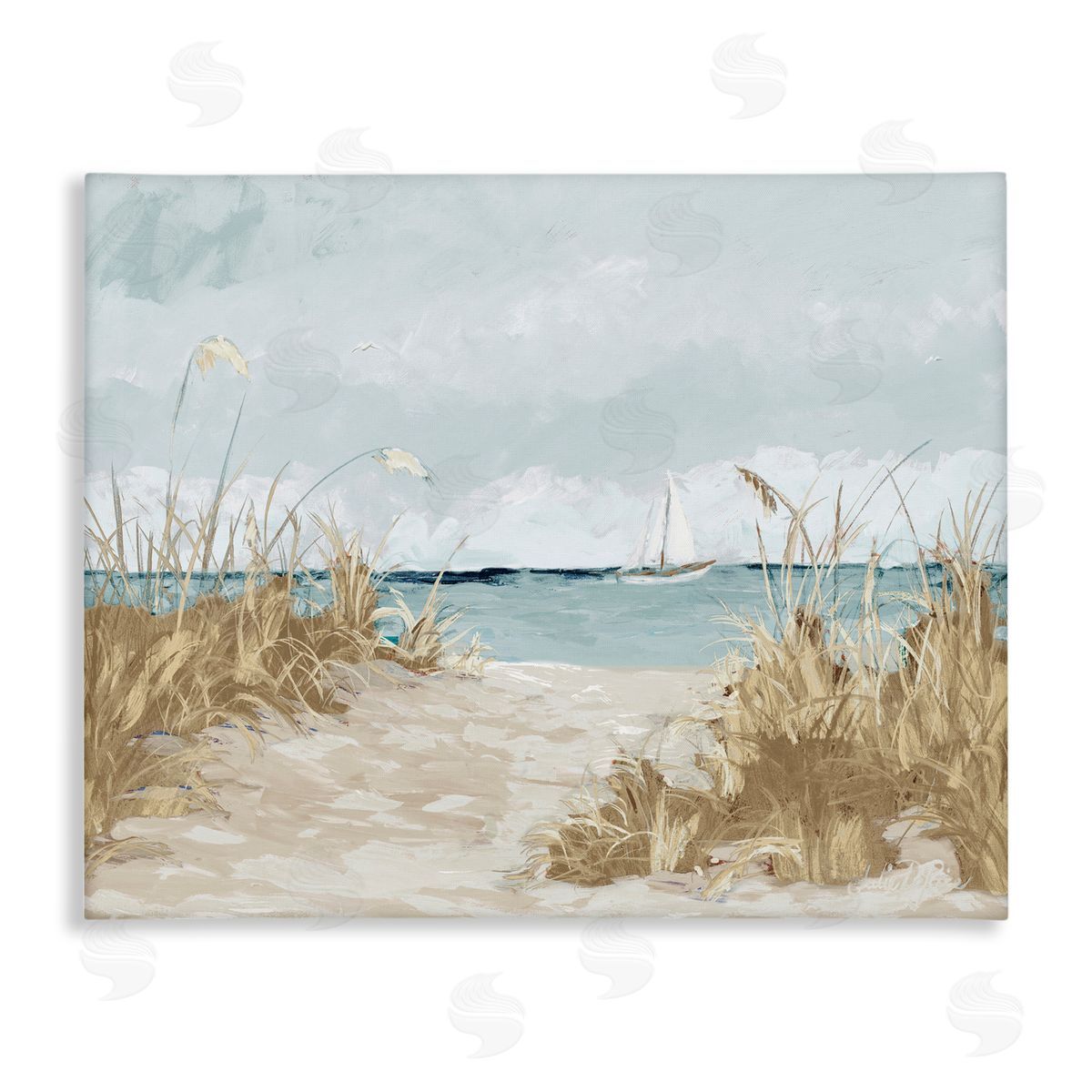 Julie DeRice Sandy Beach Walkway Distant Sailboats Floating Sea Stretched Canvas Wall Art Print
