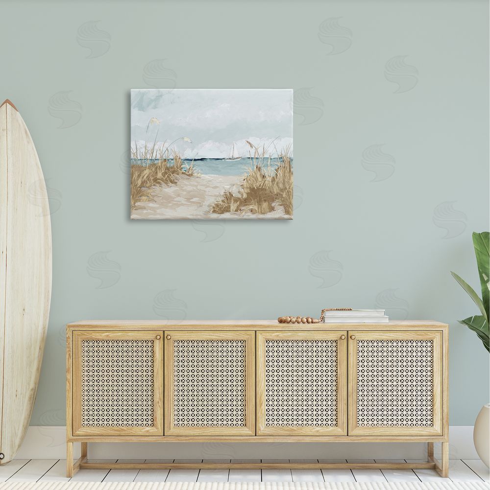 Julie DeRice Sandy Beach Walkway Distant Sailboats Floating Sea Canvas Wall Art Print in Room