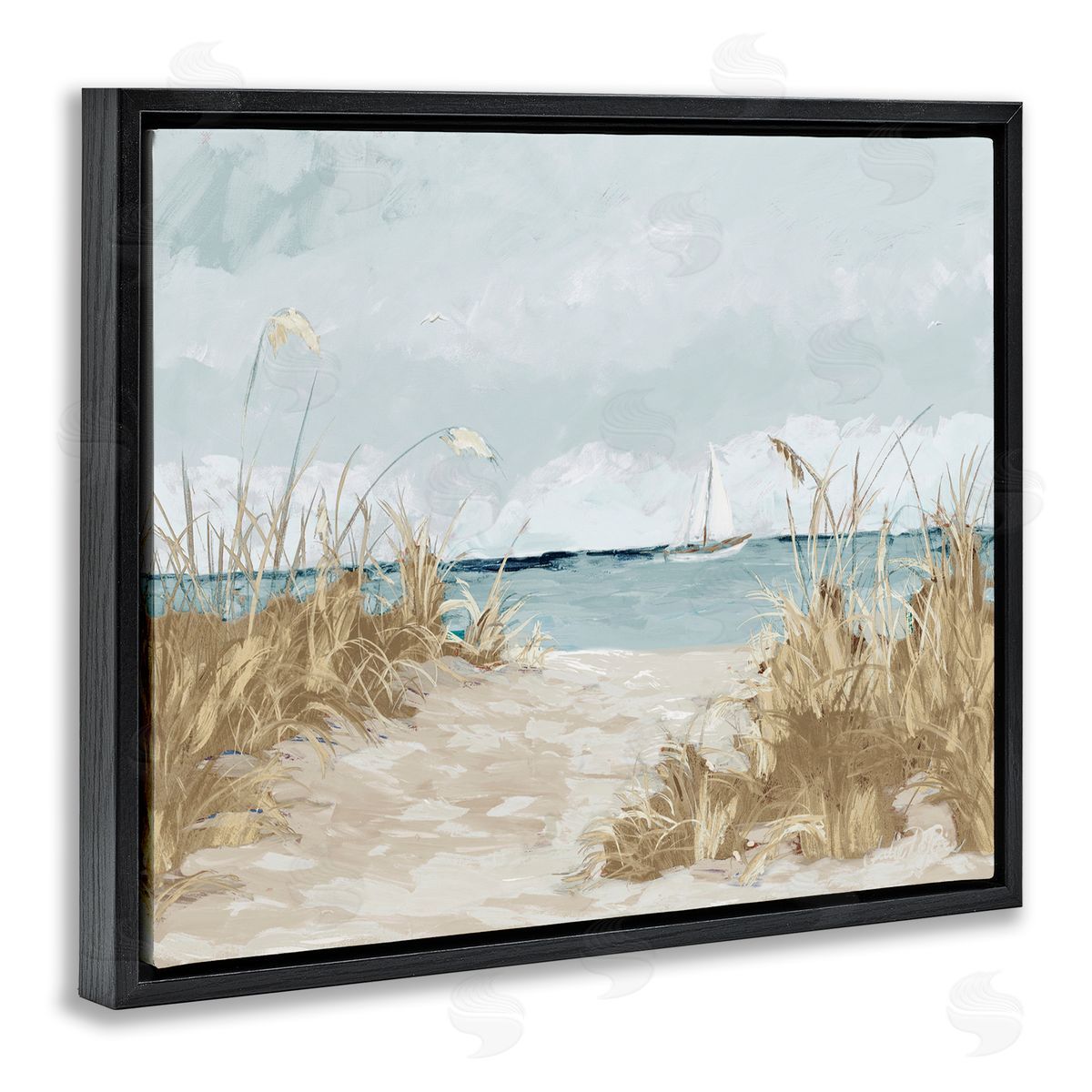 Julie DeRice Sandy Beach Walkway Distant Sailboats Floating Sea Black Floating Frame Canvas Wall Art Print