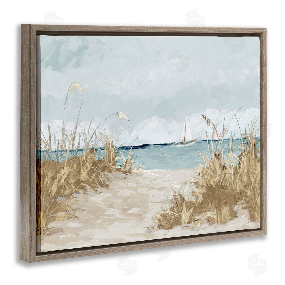 Julie DeRice Sandy Beach Walkway Distant Sailboats Floating Sea Brown Floating Frame Canvas Wall Art Print
