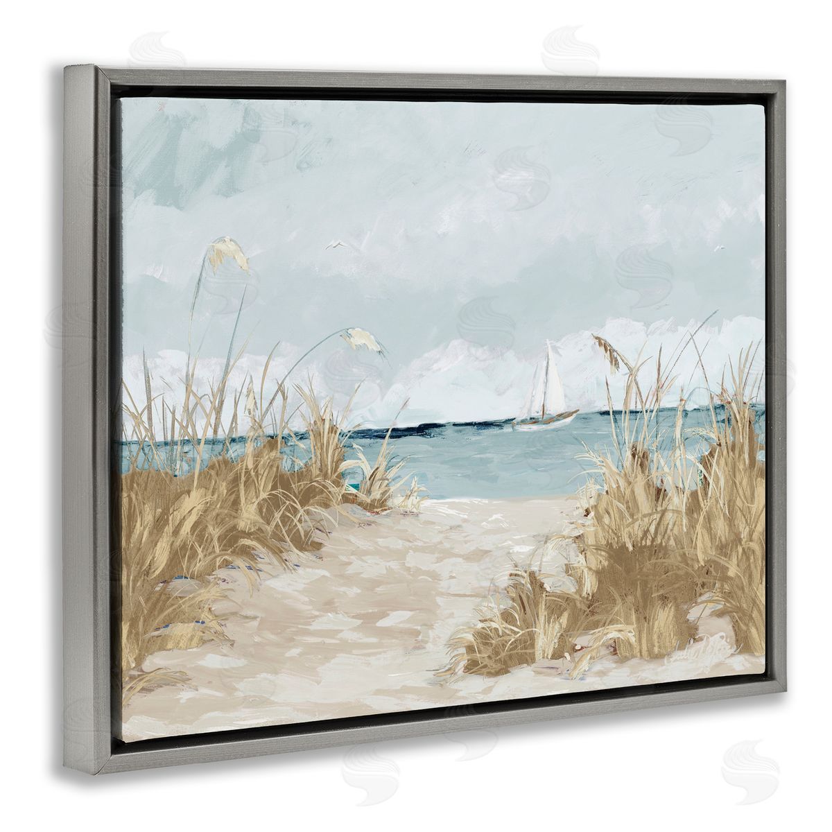 Julie DeRice Sandy Beach Walkway Distant Sailboats Floating Sea Gray Floating Frame Canvas Wall Art Print