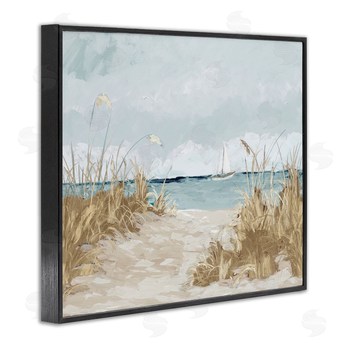 Julie DeRice Sandy Beach Walkway Distant Sailboats Floating Sea Black Framed Giclee Wall Art Print