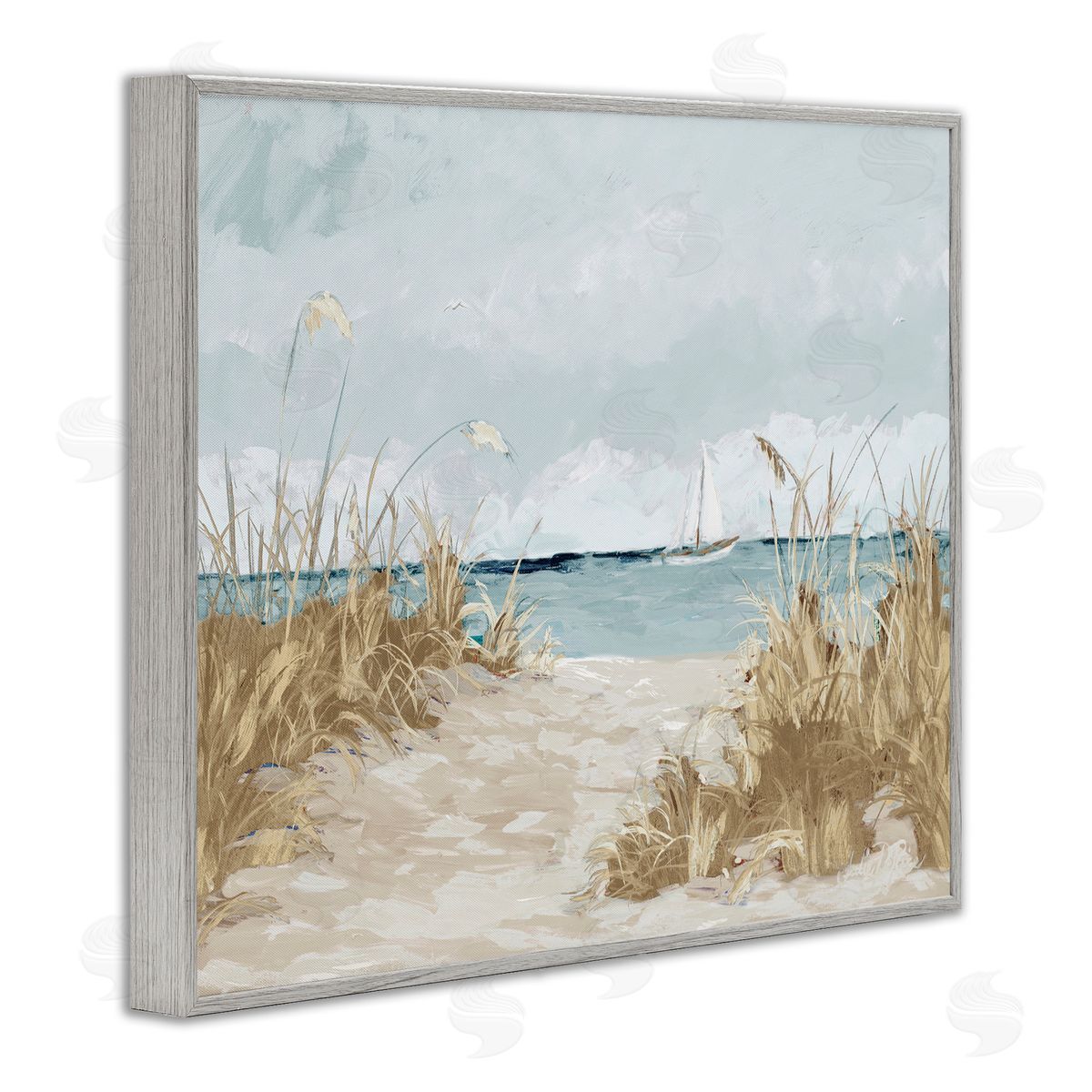 Julie DeRice Sandy Beach Walkway Distant Sailboats Floating Sea Gray Framed Giclee Wall Art Print