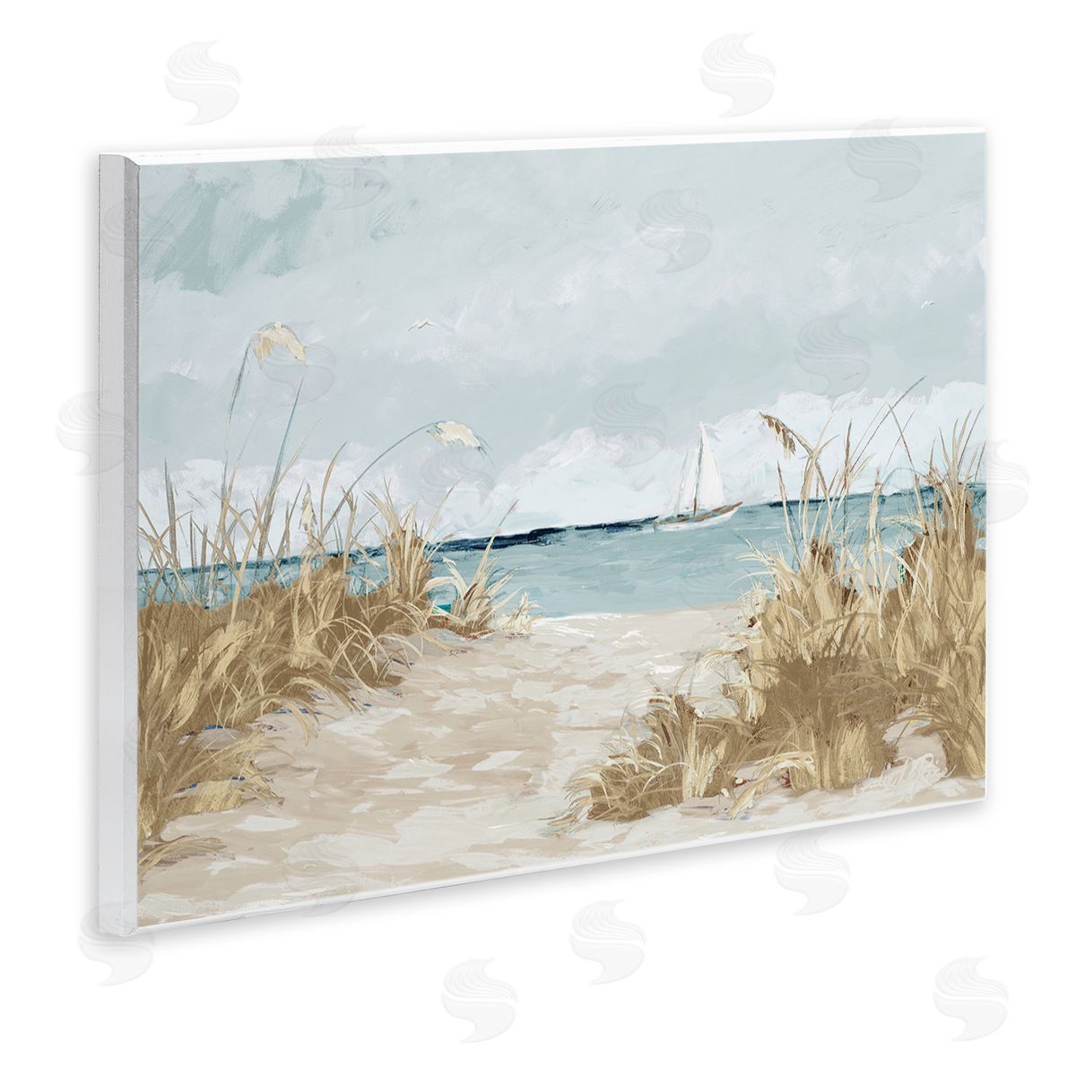 Julie DeRice Sandy Beach Walkway Distant Sailboats Floating Sea Wall Plaque Art Print