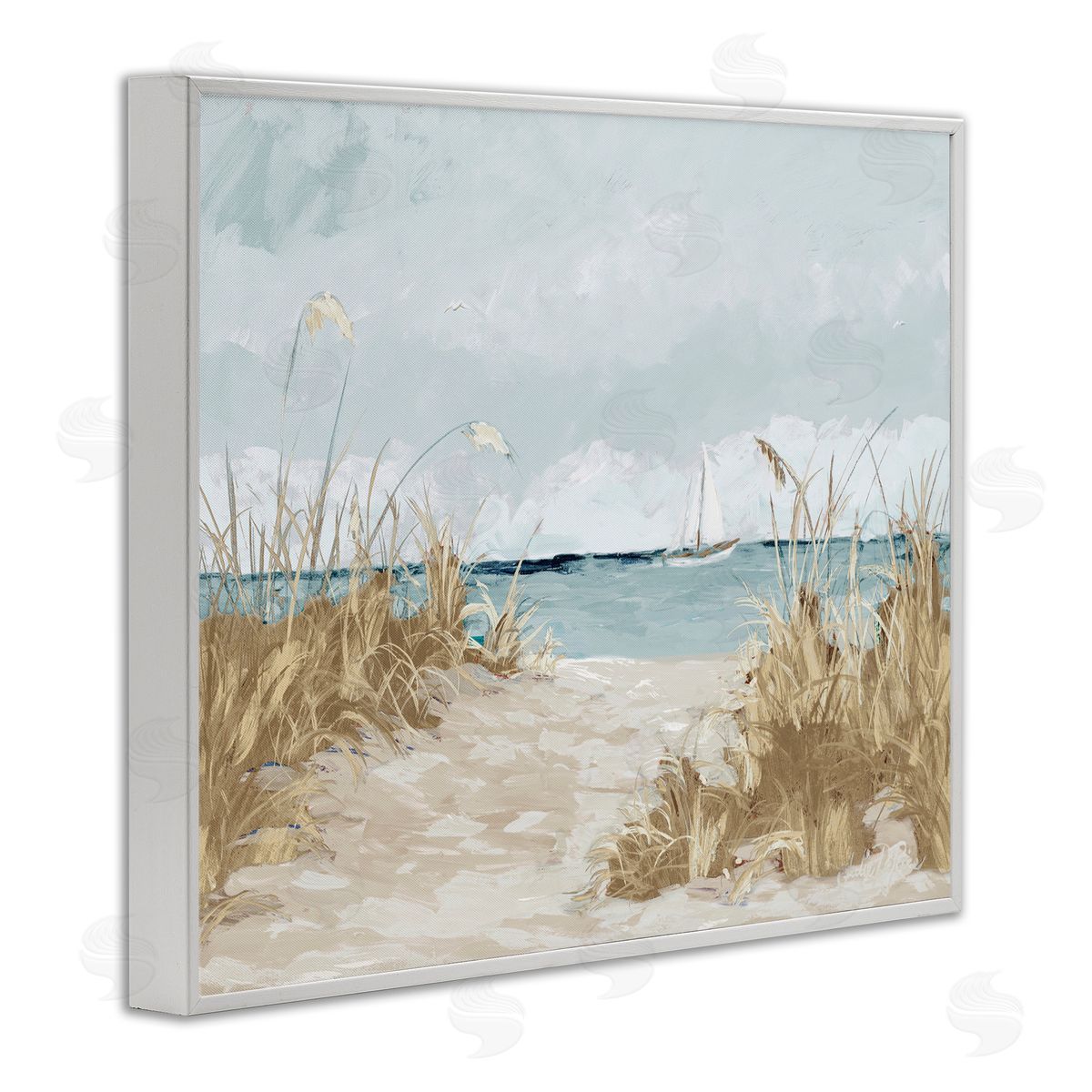 Julie DeRice Sandy Beach Walkway Distant Sailboats Floating Sea White Framed Giclee Wall Art Print