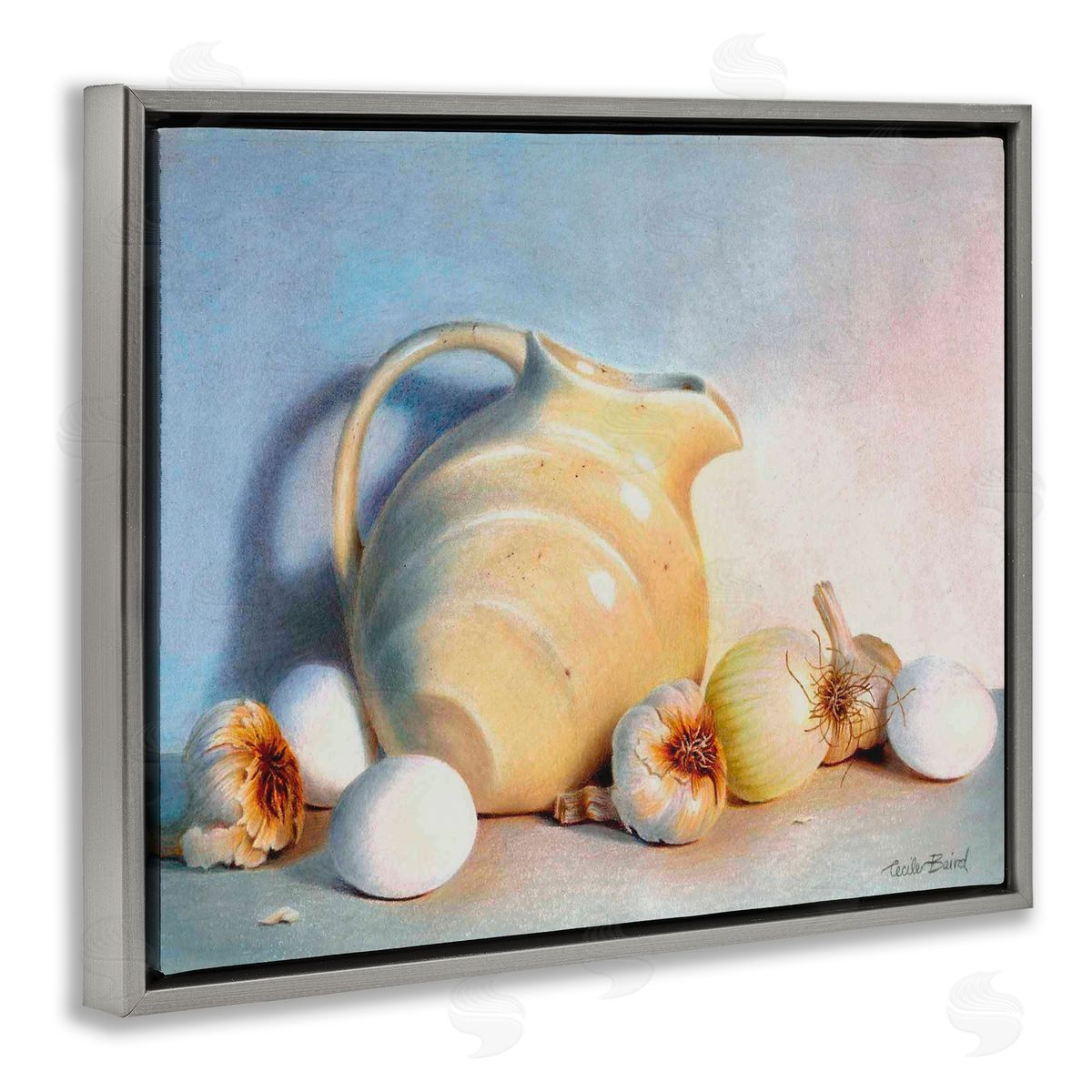 Cecile Baird Varied Vegetables Scattered Traditional Still Life Vase Gray Floating Frame Canvas Wall Art Print