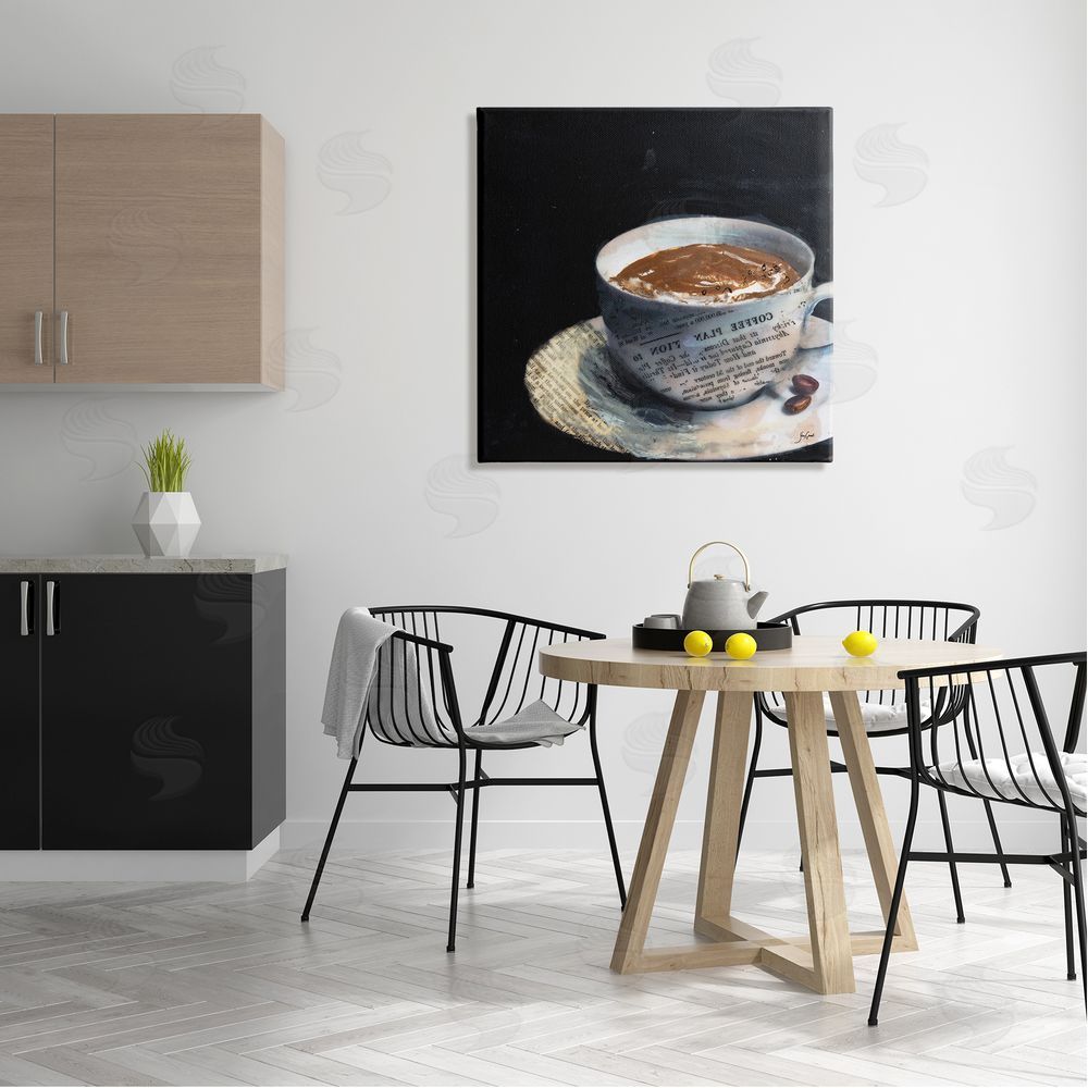 Stacy Gresell Coffee Cup Morning Beverage Layered Newspaper Collage Canvas Wall Art in Room