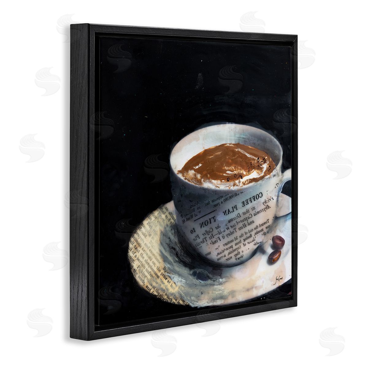 Stacy Gresell Coffee Cup Morning Beverage Layered Newspaper Collage Black Floating Frame Canvas Wall Art Print