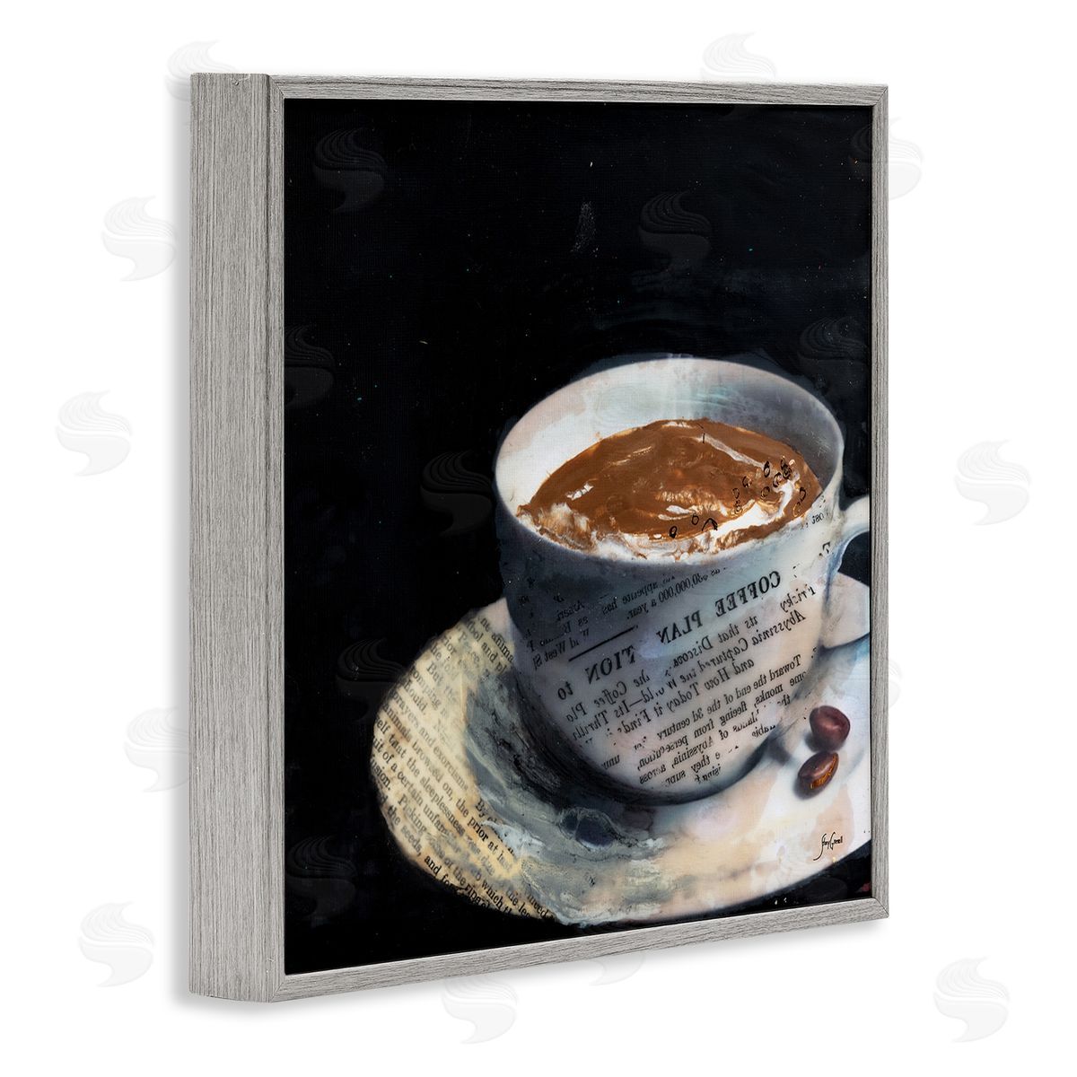 Stacy Gresell Coffee Cup Morning Beverage Layered Newspaper Collage Gray Framed Glicee Wall Art Print