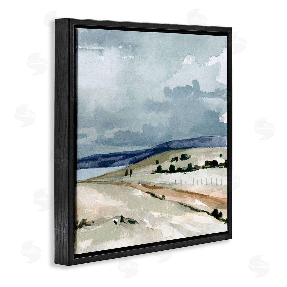 Emma Caroline Cloudy Country Mountain Road Watercolor Detail Scene Black Floating Frame Canvas Wall Art Print