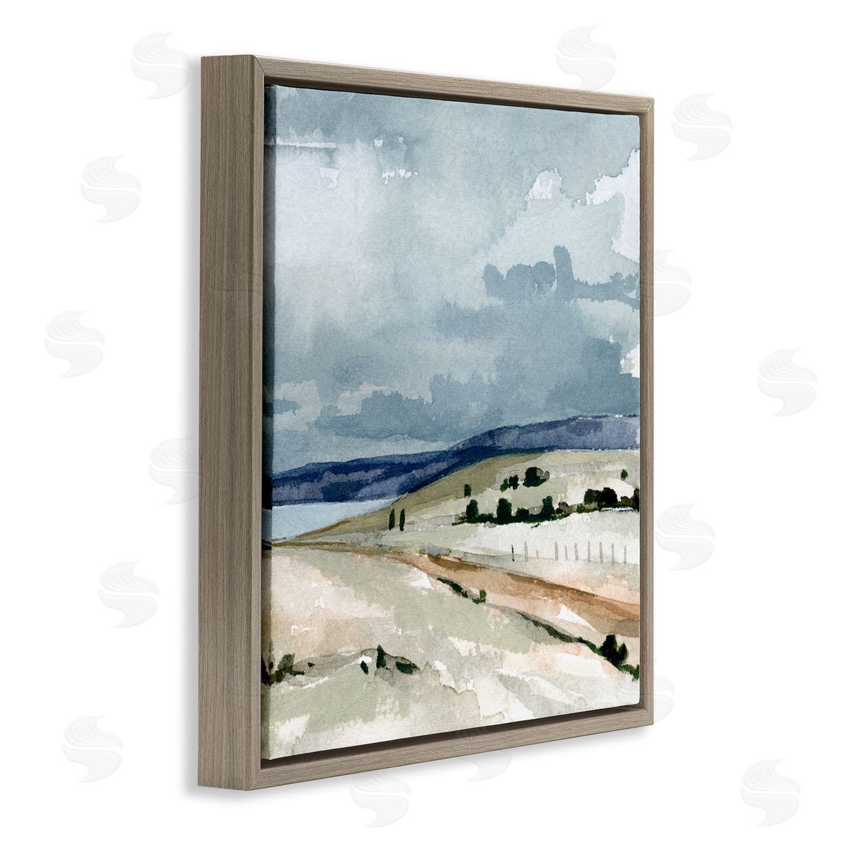 Emma Caroline Cloudy Country Mountain Road Watercolor Detail Scene Brown Floating Frame Canvas Wall Art Print