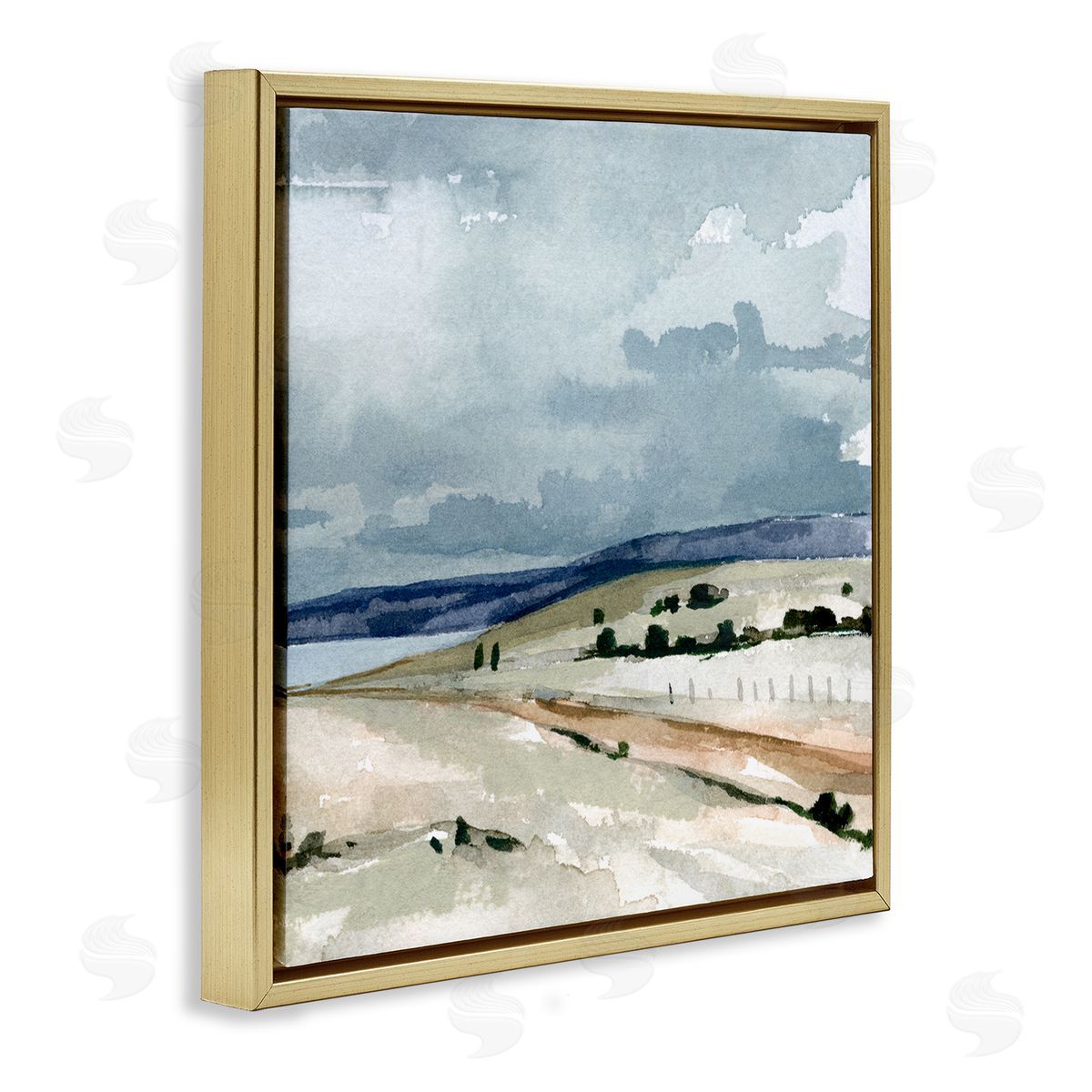 Emma Caroline Cloudy Country Mountain Road Watercolor Detail Scene Gold Floating Frame Canvas Wall Art Print