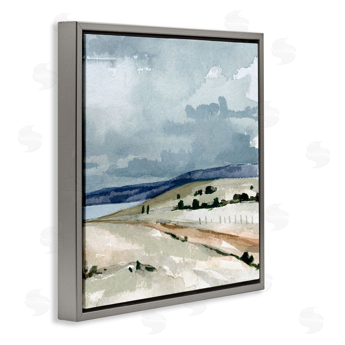 Emma Caroline Cloudy Country Mountain Road Watercolor Detail Scene Gray Floating Frame Canvas Wall Art Print