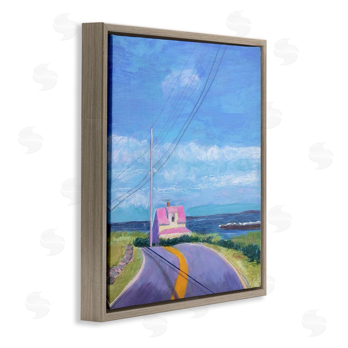Sweetwater Vivid Seaside Cottage Road Calm Ocean Breeze Brown Floating Frame Canvas Wall Art Print