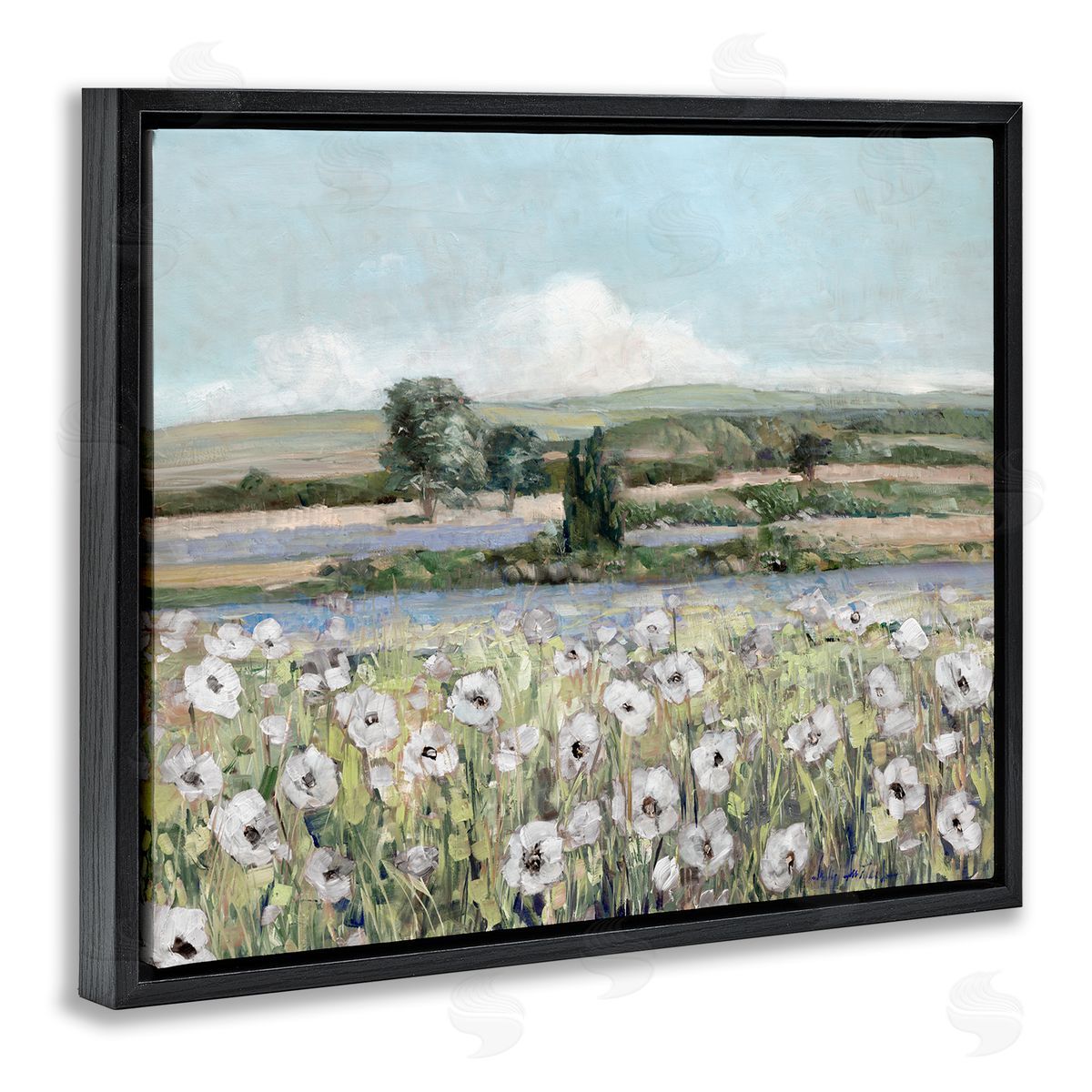 Sally Swatland Rural Flower Meadow Countryside Flowing Streams View Black Floating Frame Canvas Wall Art Print