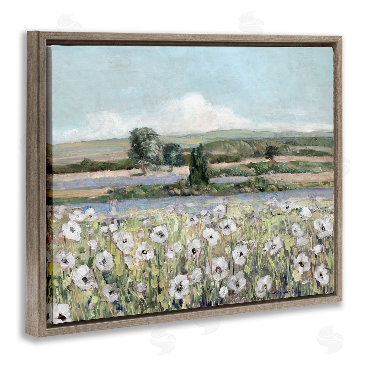 Sally Swatland Rural Flower Meadow Countryside Flowing Streams View Brown Floating Frame Canvas Wall Art Print