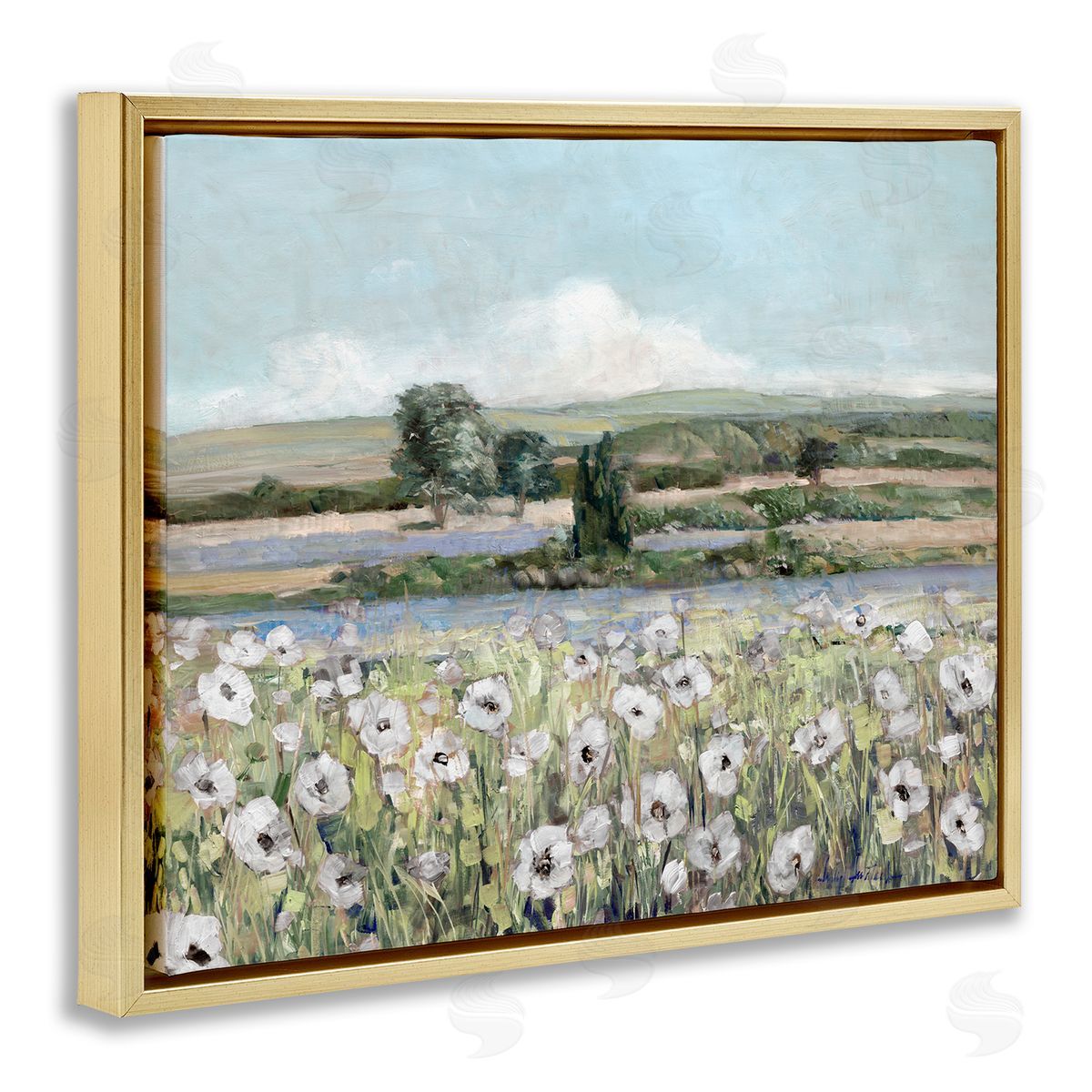 Sally Swatland Rural Flower Meadow Countryside Flowing Streams View Gold Floating Frame Canvas Wall Art Print