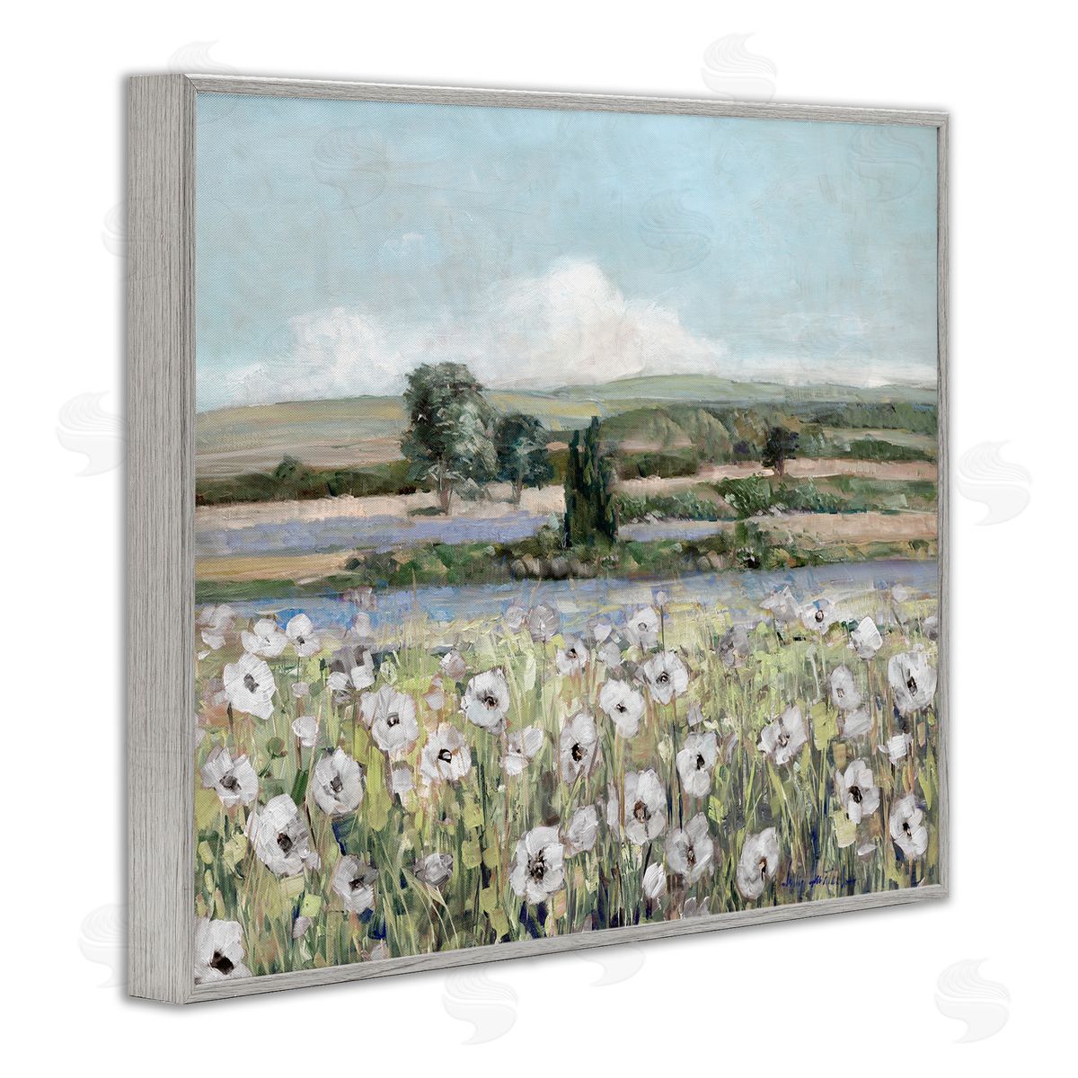 Sally Swatland Rural Flower Meadow Countryside Flowing Streams View Gray Framed Giclee Wall Art Print
