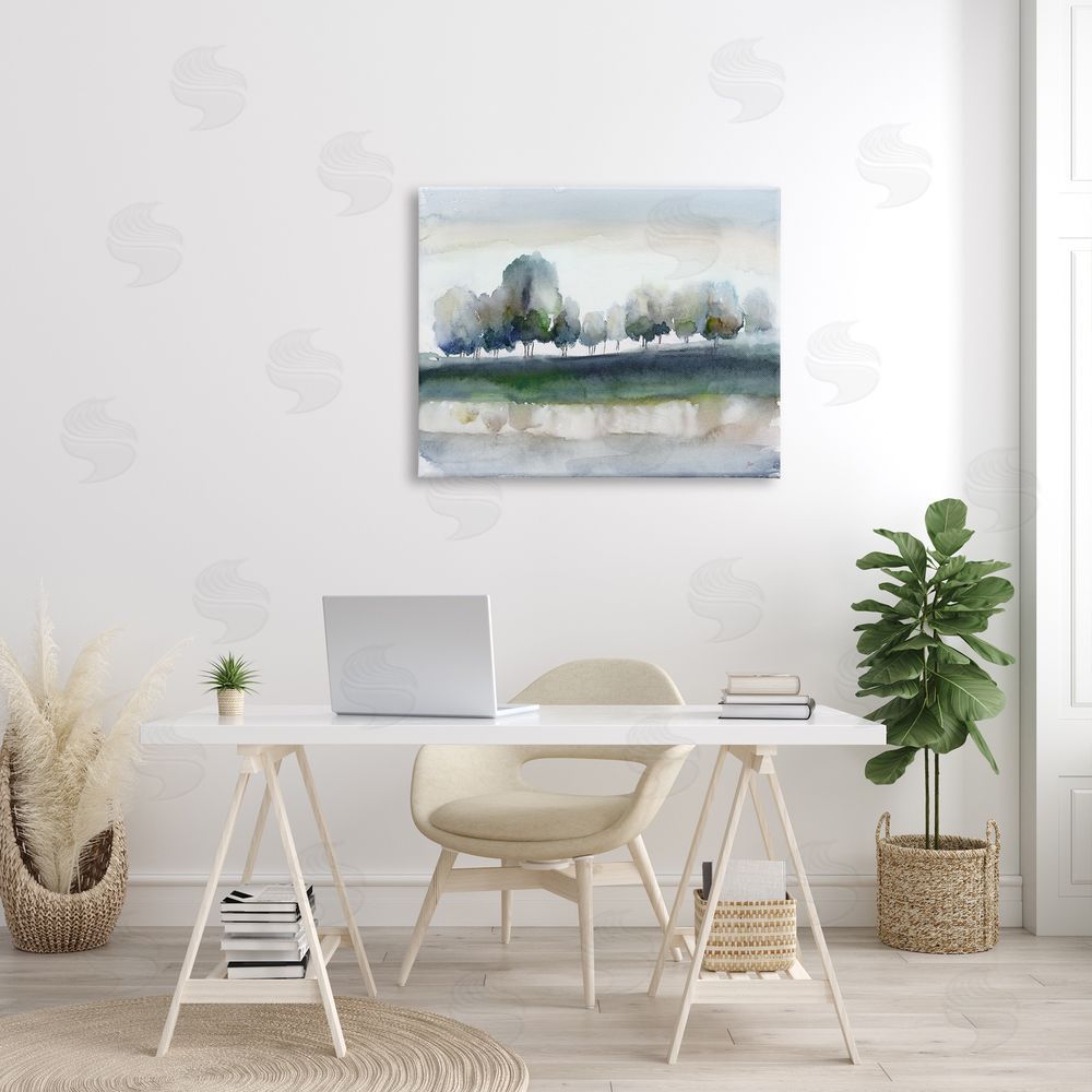 Nan Tree Orchard Flowing River Watercolor Nature Scene Canvas Wall Art Print in Room